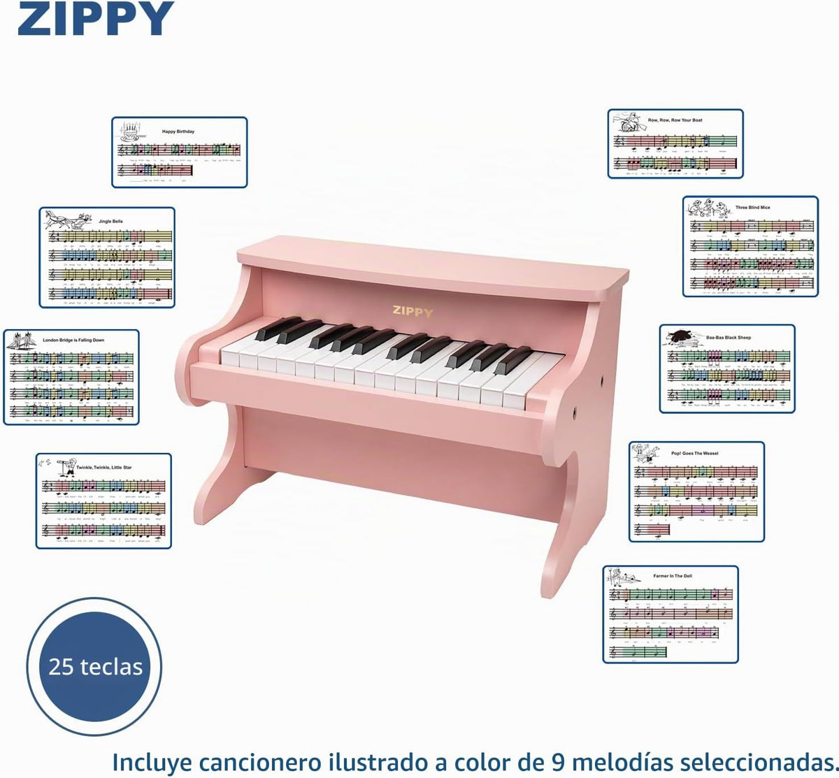 ZIPPY Teclado de piano para niños, piano digital de 25 teclas para niños, mini instrumento educativo musical, juguete de madera para niños y niñas (rosa)