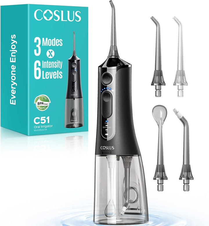 COSLUS Irrigador de agua portátil para dientes: 3 modos y 6 ajustes...