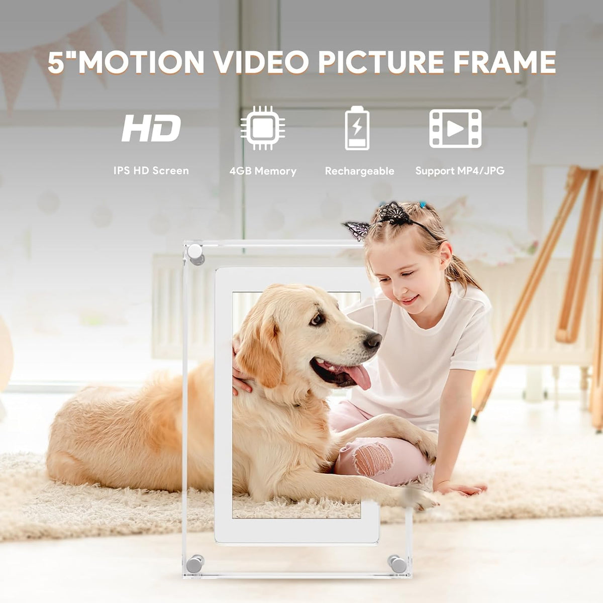 Marco de fotos acrílico de 5 pulgadas con memoria de 4 GB, reproductor de bucle de video digital con sonido, pantalla de escritorio recargable para decoración del hogar, configuración de escritorio