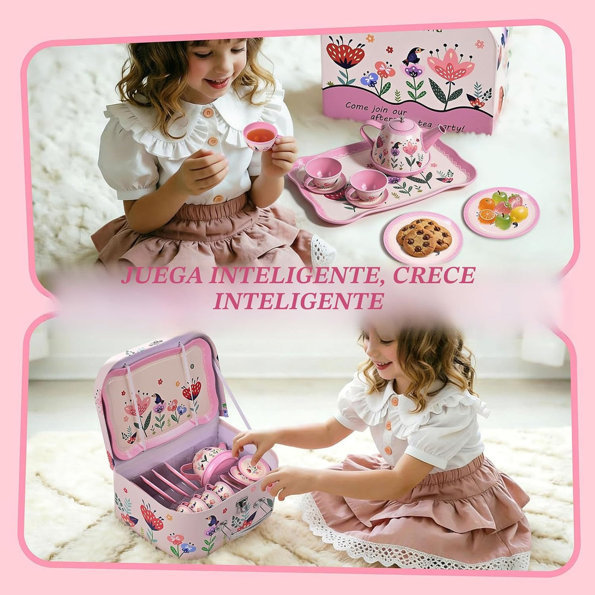 Juego de fiesta de té floral para niñas pequeñas de 3 a 6 años, juego de 15 piezas de juguetes de cocina de simulación con tetera, tazas, platos y estuche de almacenamiento, juego de