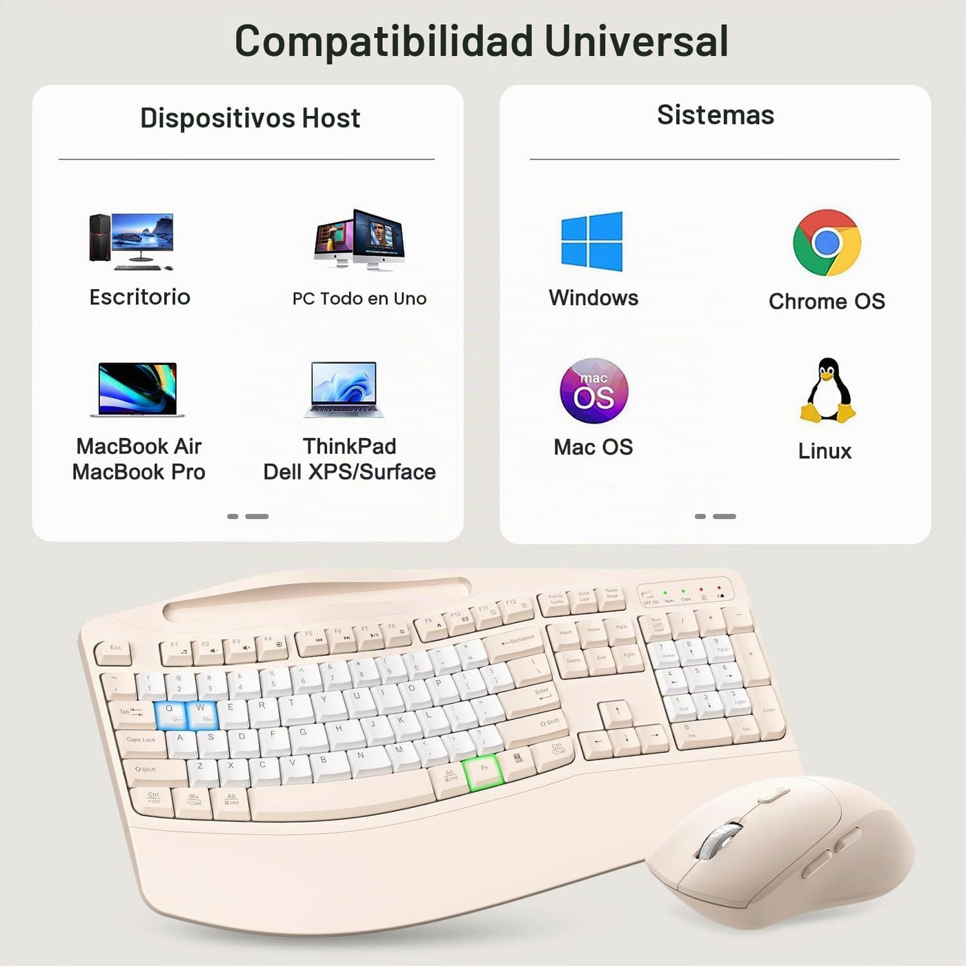 Combo de teclado y mouse inalámbricos, teclas onduladas de tamaño c...