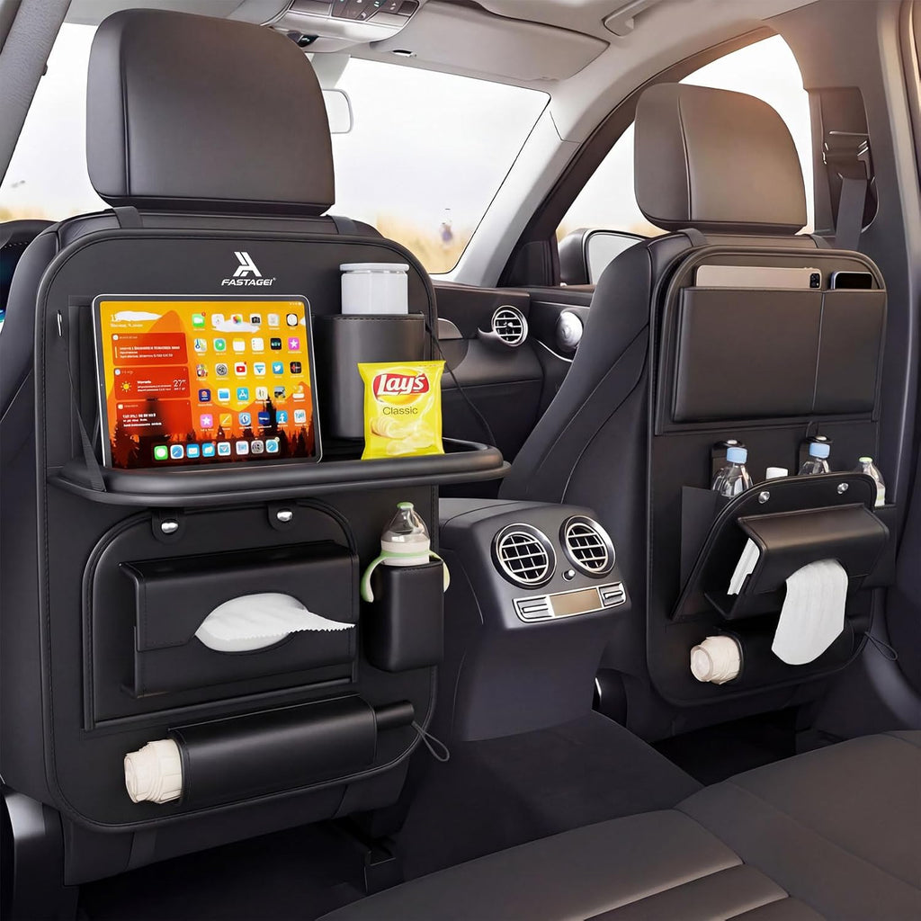 Paquete de 2 Organizadores Universales de Cuero Premium Plegables para Asiento Trasero de Automóvil con Bandeja de Mesa, Protector de Respaldo de Asiento de Automóvil con Bolsa de Basura