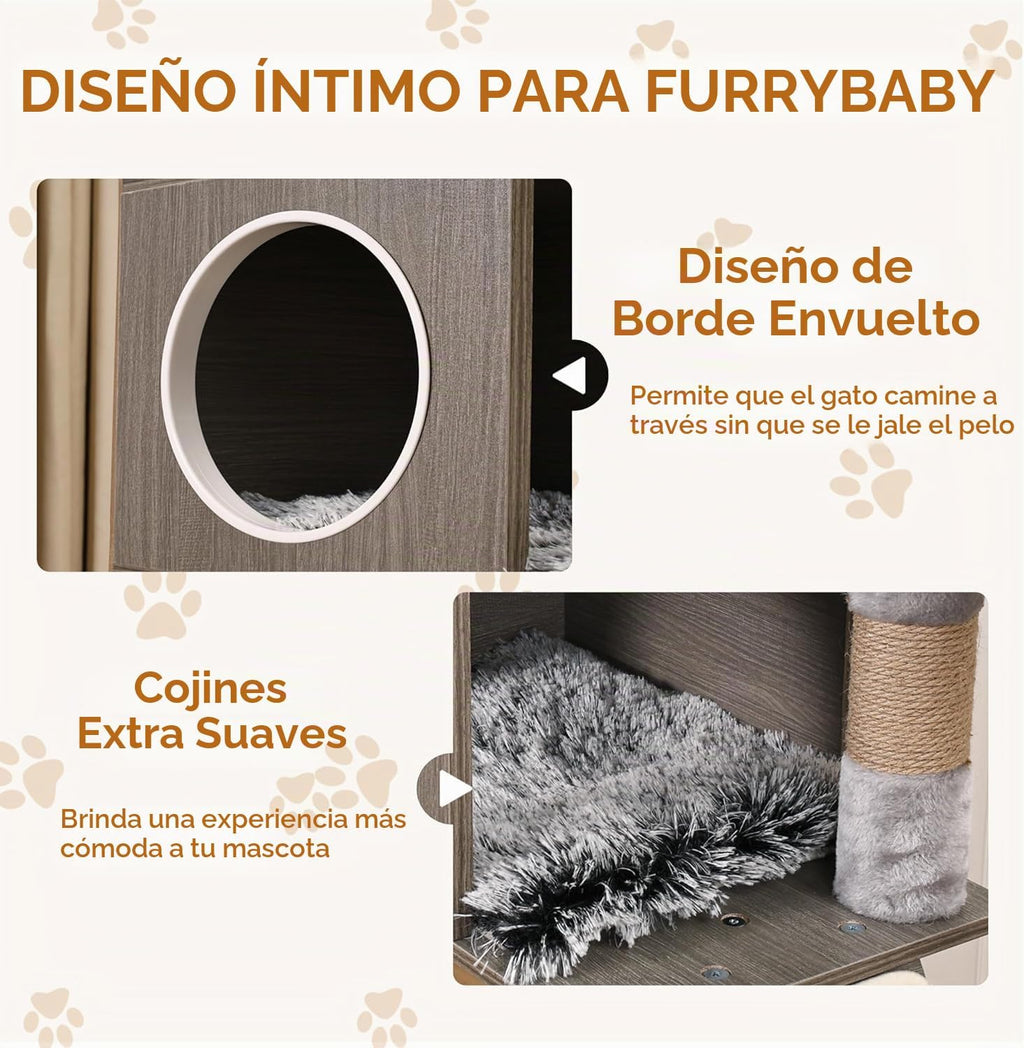 Garvee Caja de arena para gatos con torre de árbol para gatos y condominio, muebles ocultos para baño para gatos con poste rascador de sisal y percha de felpa suave, muebles de madera para gatos con múltiples plataformas