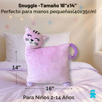 LUNAMIRA Almohada de felpa de gato para niños – Bonita almohada de peluche de gatito morado, 16 x 14 pulgadas para acurrucarse a la hora de dormir y noche de cine, funda lavable con cremallera