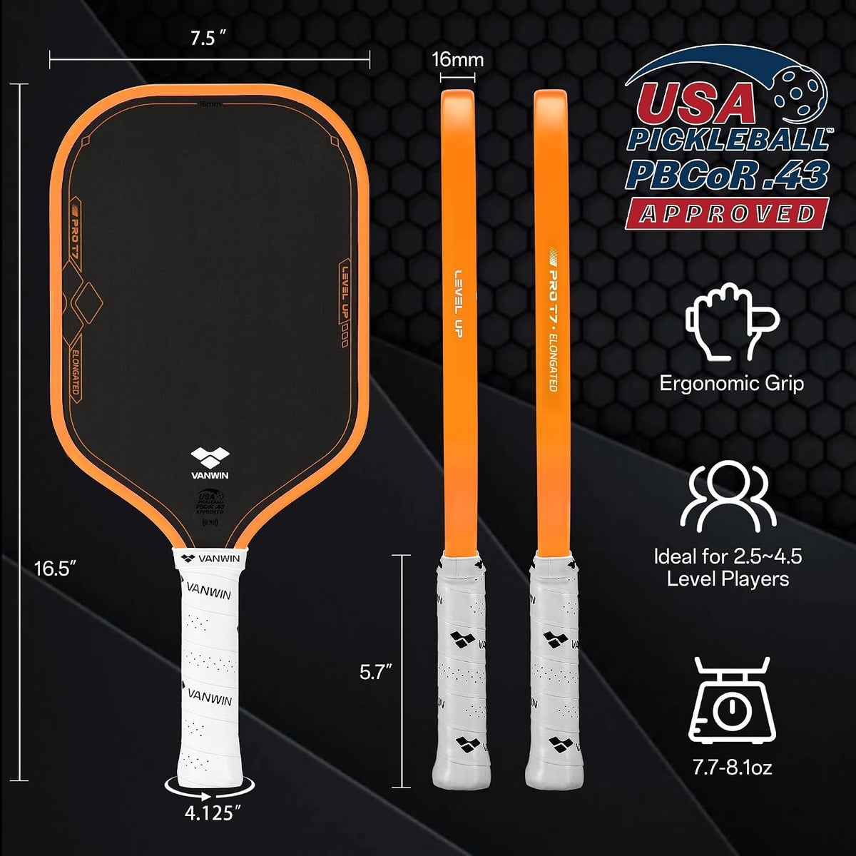 Paleta de pickleball, T700 de fibra de carbono Pickle Ball Paddle alargada aprobada por USAPA para jugadores intermedios y avanzados, núcleo de polipropileno de 0.630 in