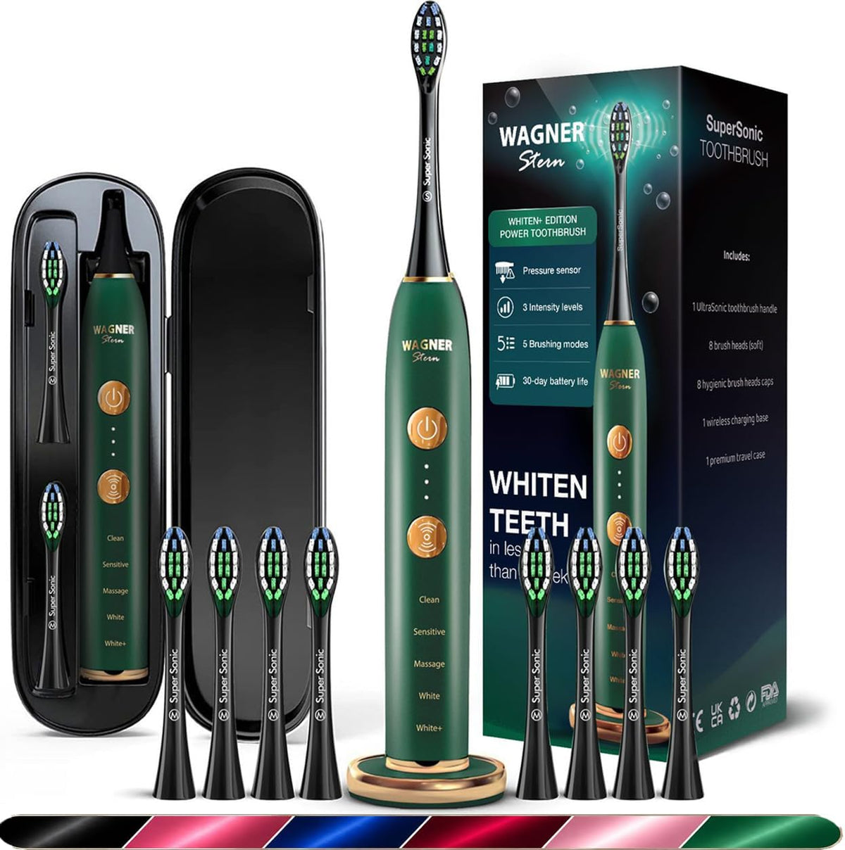 Wagner Stern WHITEN+ Cepillo de dientes eléctrico, 48,000 VPM, sensor de presión, Verde esmeralda