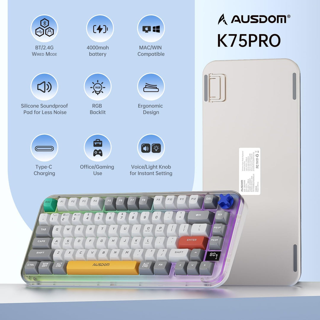 AUSDOM K75pro Teclado cremoso inalámbrico para juegos, teclado de c...