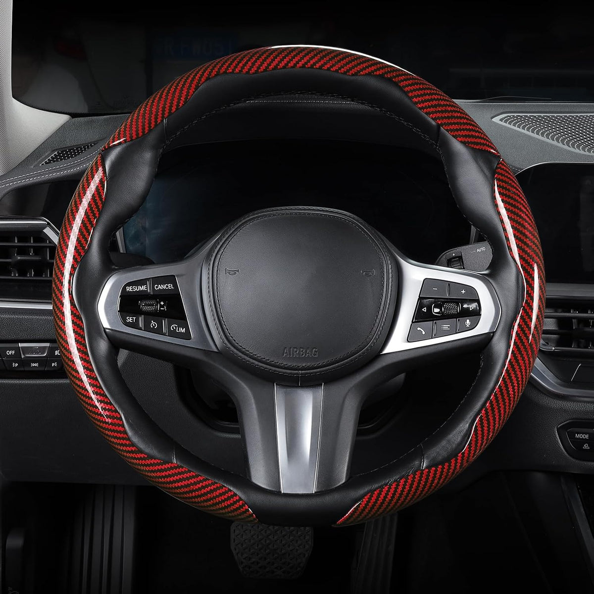 Funda de volante de fibra de carbono, juego de accesorios para volante de coche con ajuste de 3 piezas, protector antideslizante con agarre envolvente, universal, rojo brillante