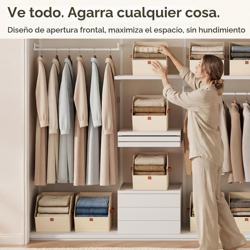 Cubos de almacenamiento de tela para armario, paquete de 6 cubos cuadrados de almacenamiento con doble asa para ropa, toallas, juguetes, cubos organizadores de almacenamiento para dormitorio, guardería, estantes, armario, espacios pequeños, beige