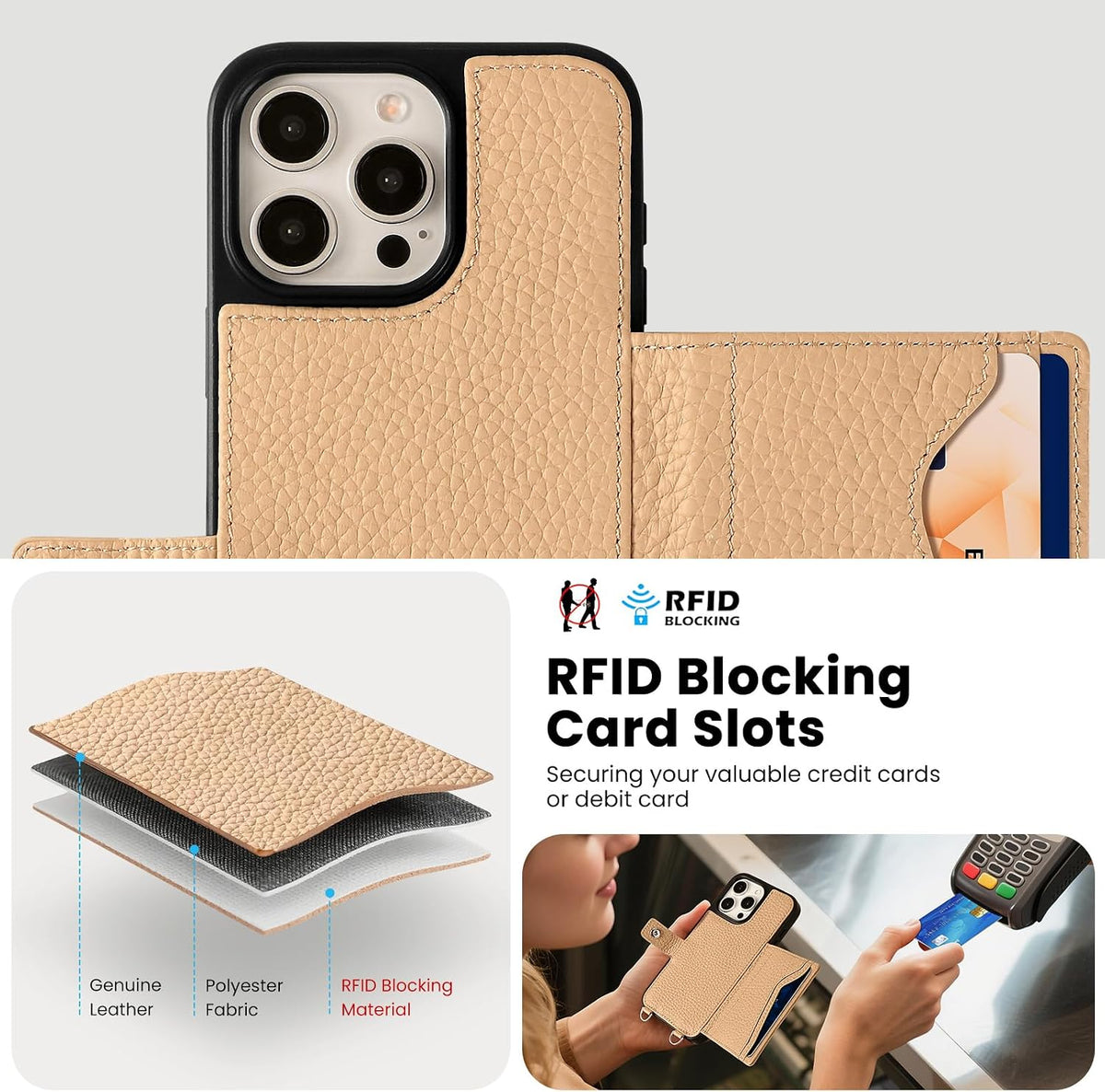 Funda de cuero Crossbody Wallet para iPhone 15 Pro - Beige