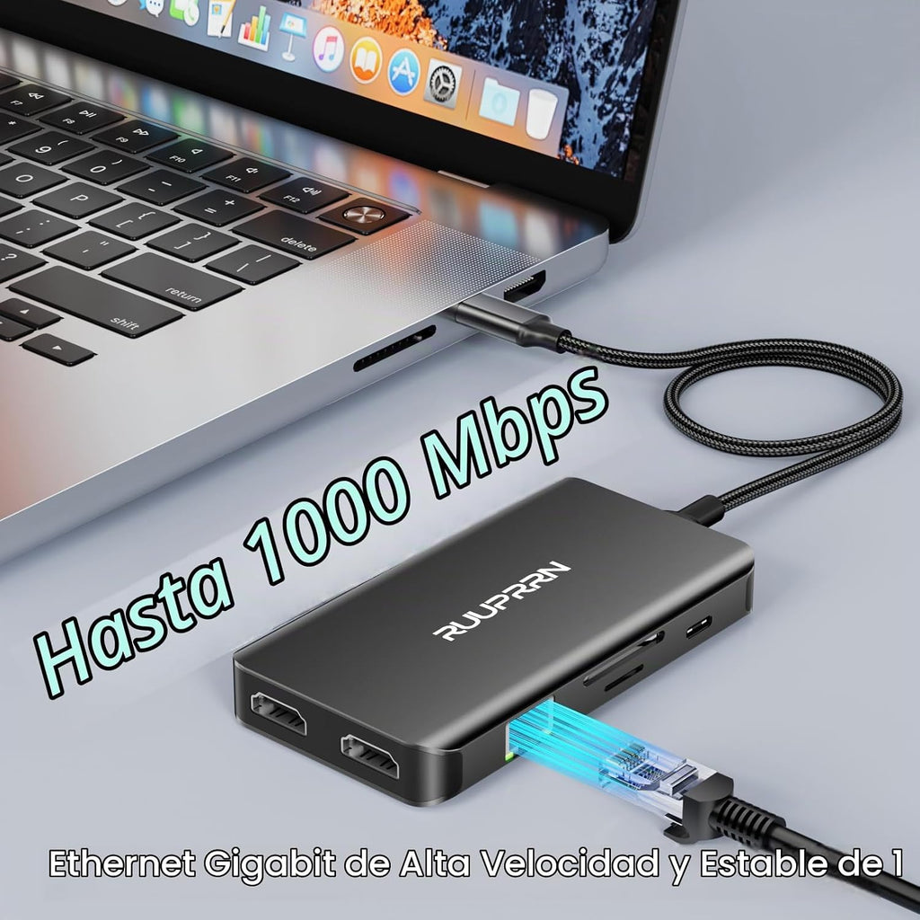 Estación de acoplamiento USB-C para monitor dual, Dock USB-C 9 en 1 con 2 HDMI