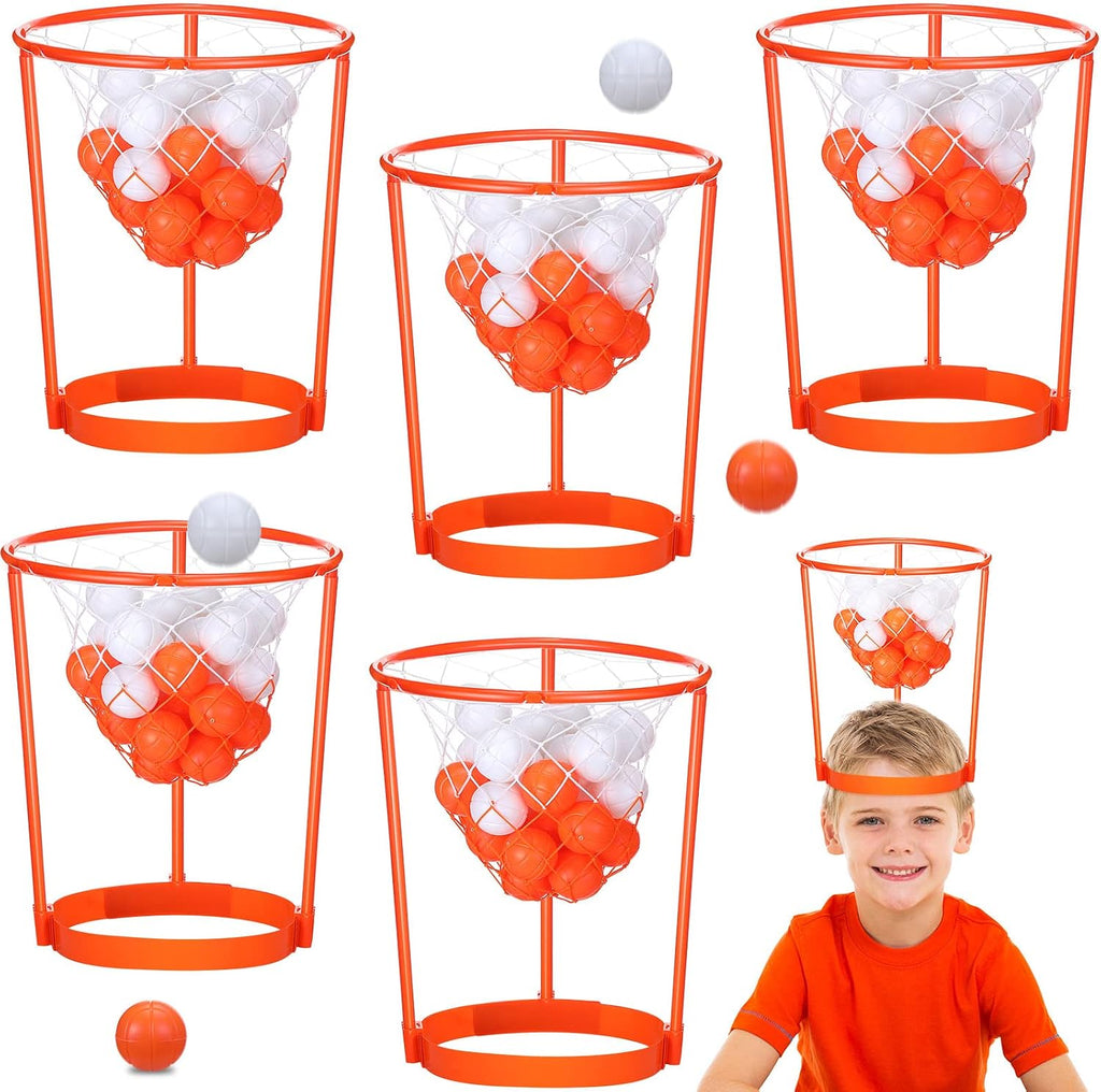 Juego de Baloncesto de Aro de Cabeza para Fiesta de Partido de Carnaval para Niños y Adultos, Portátil Ajustable, con Banda para la Cabeza y Red de Canasta, Incluye Pelotas, para Cumpleaños, Carnaval