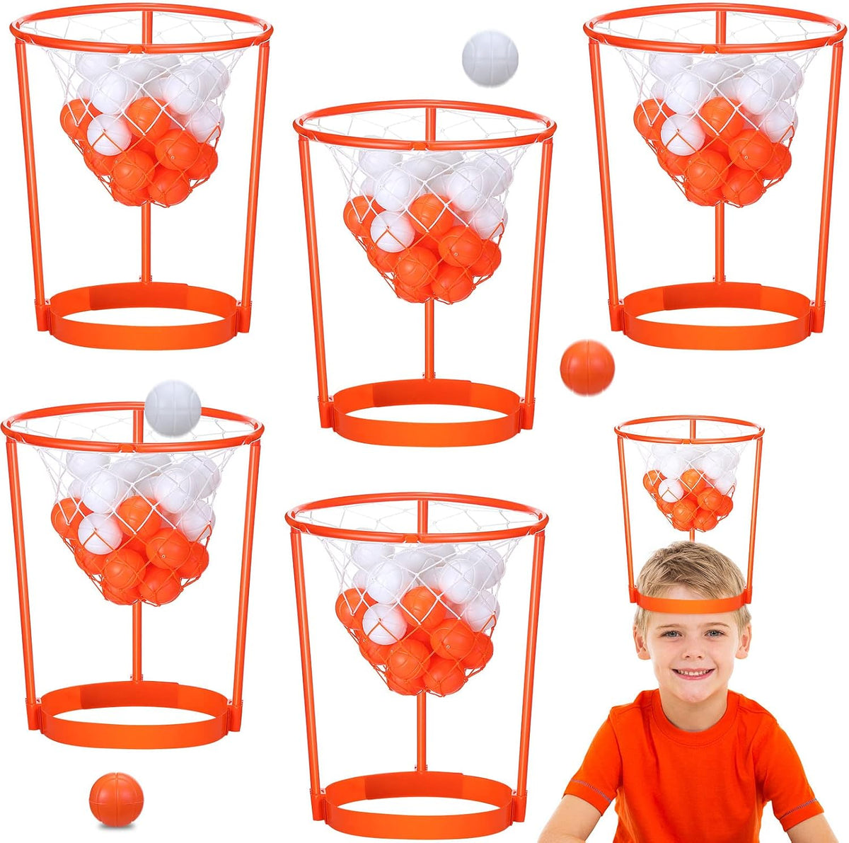 Juego de Baloncesto de Aro de Cabeza para Fiesta de Partido de Carnaval para Niños y Adultos, Portátil Ajustable, con Banda para la Cabeza y Red de Canasta, Incluye Pelotas, para Cumpleaños, Carnaval