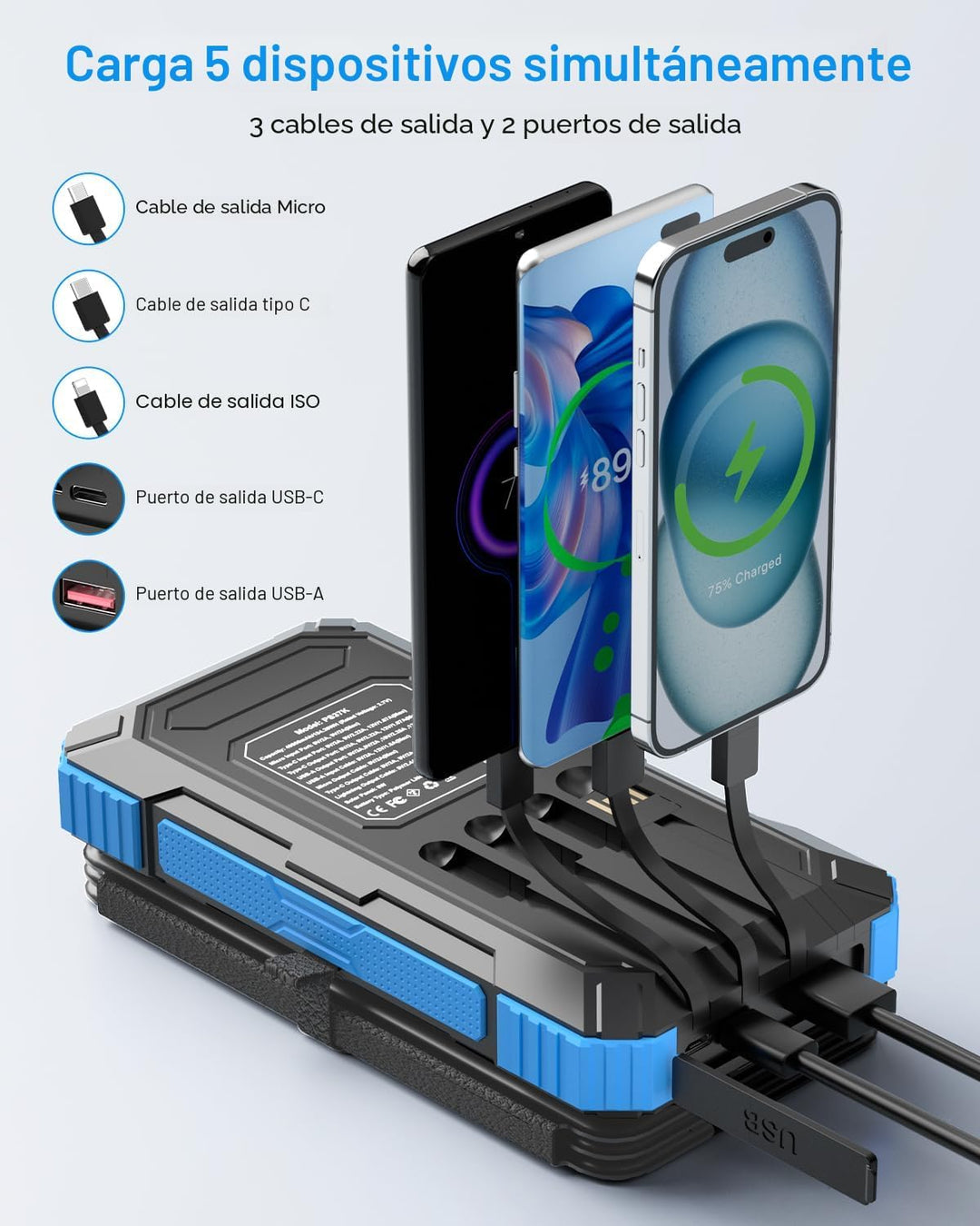 Kepswin Cargador Solar Power Bank 49800mAh con 4 cables integrados...