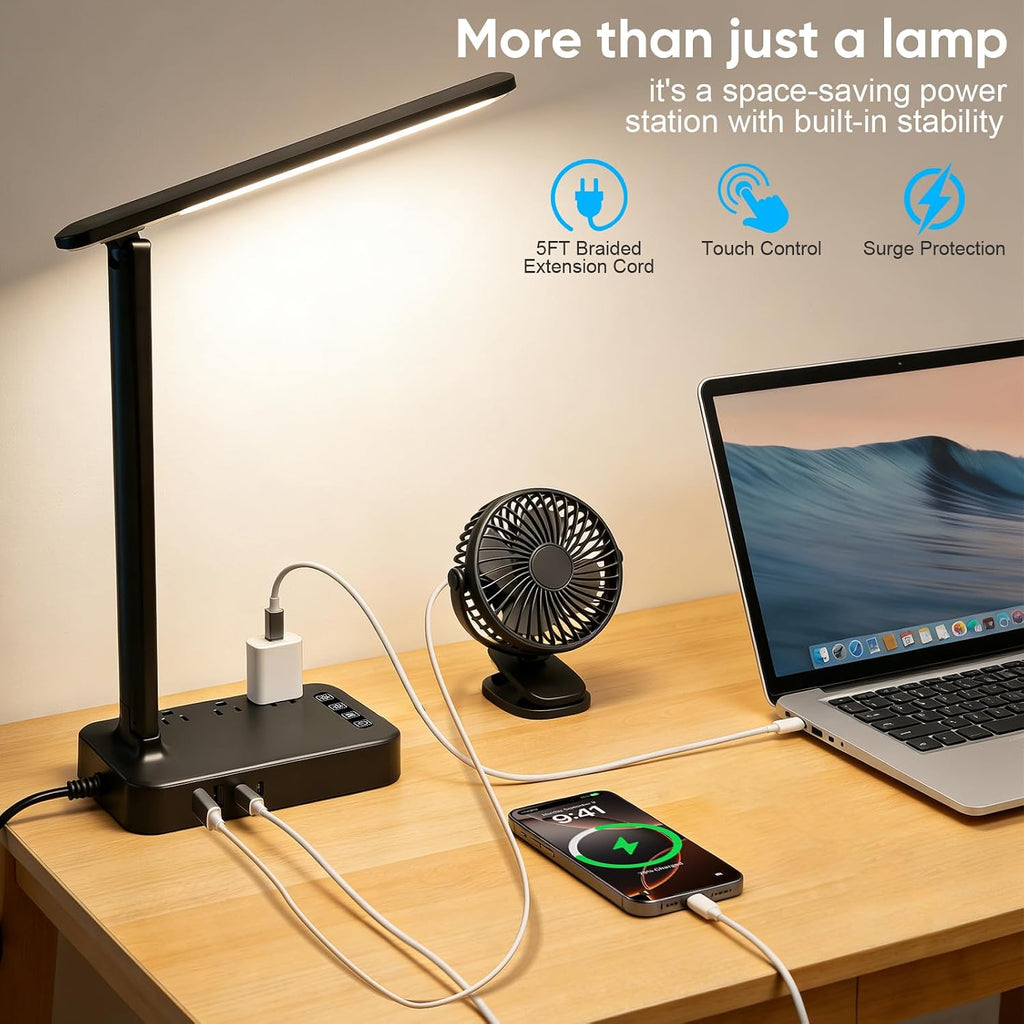 Lámpara karidi Lámpara de escritorio LED con tira de alimentación, 3 salidas de CA y 4 puertos USB (2 USB-C), luz de tareas para el cuidado de los ojos, 5 modos de color, 5 brillo regulable, base resistente