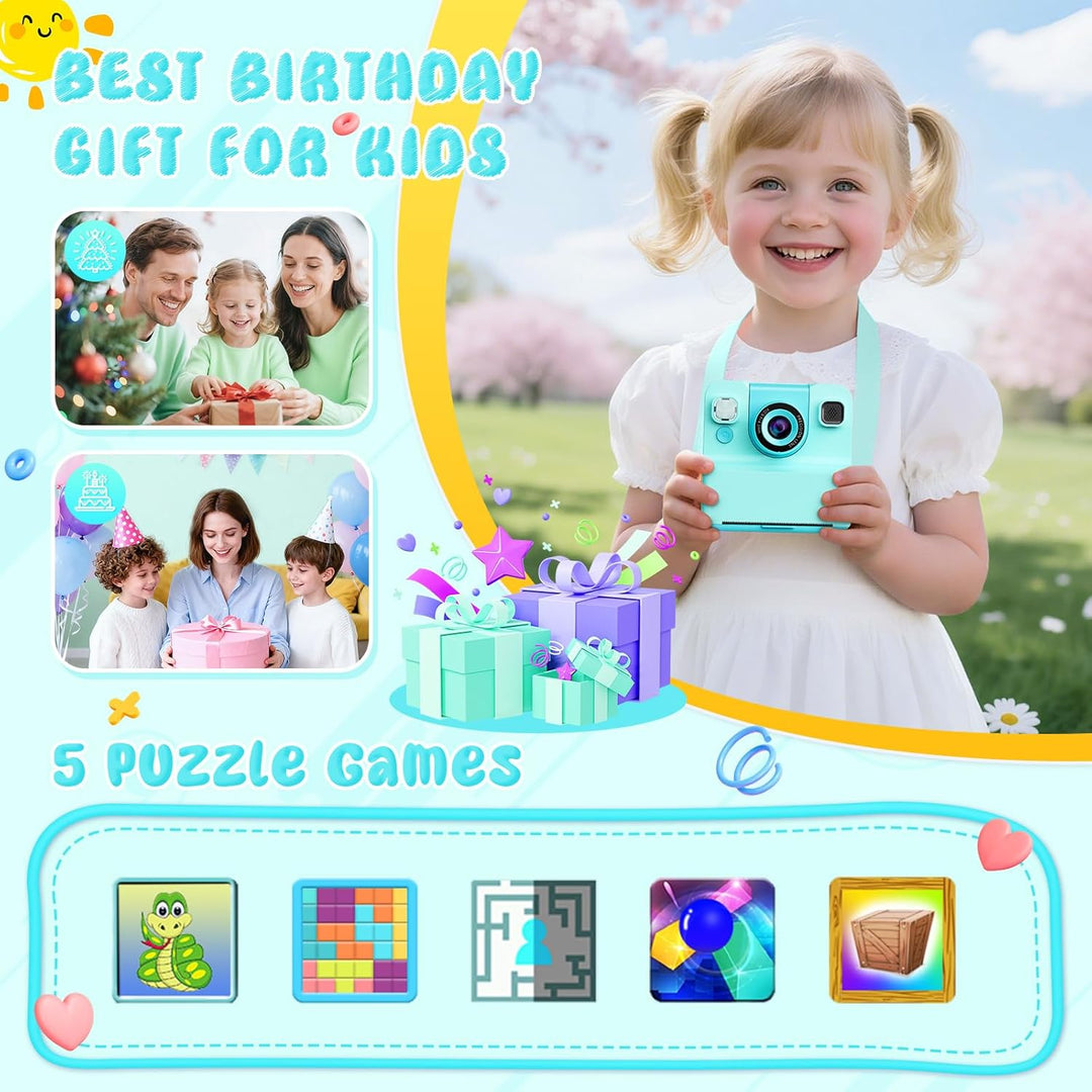 Cámara para niños, impresión instantánea con lente abatible, video...