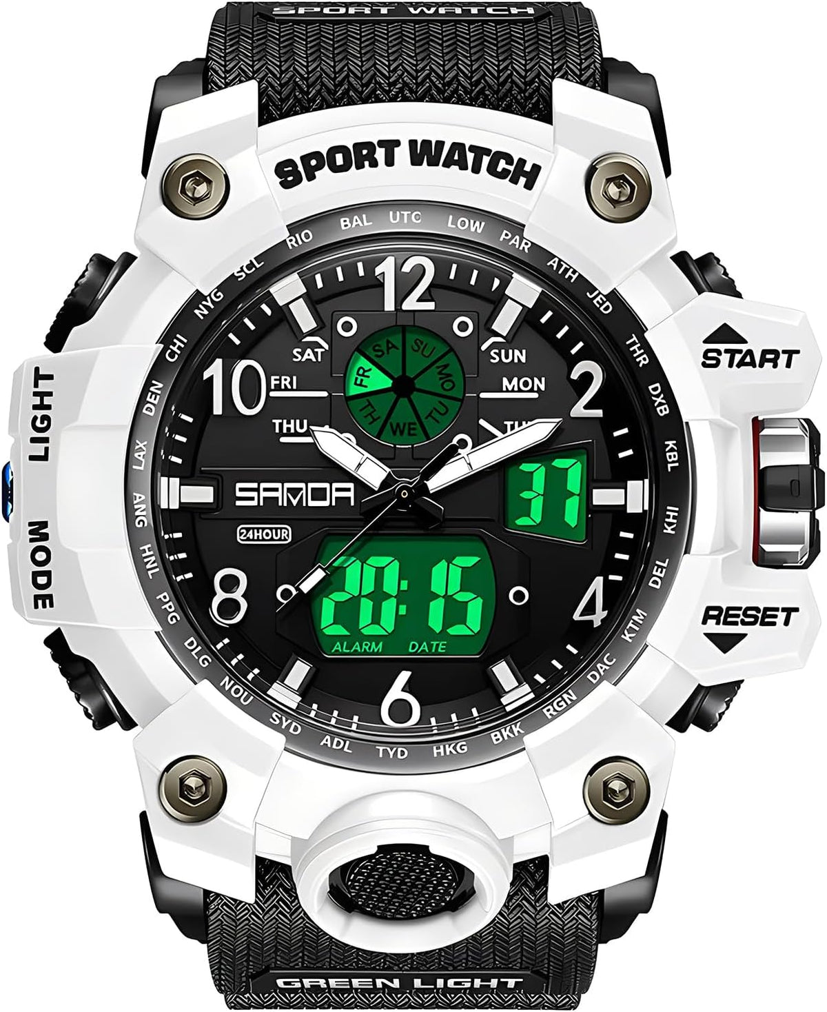 Gosasa Reloj de estilo militar digital analógico, cara grande de 2.2", resistente al agua hasta 50 m, doble zona horaria, alarma, retroiluminación LED, cronómetro, correa de PU