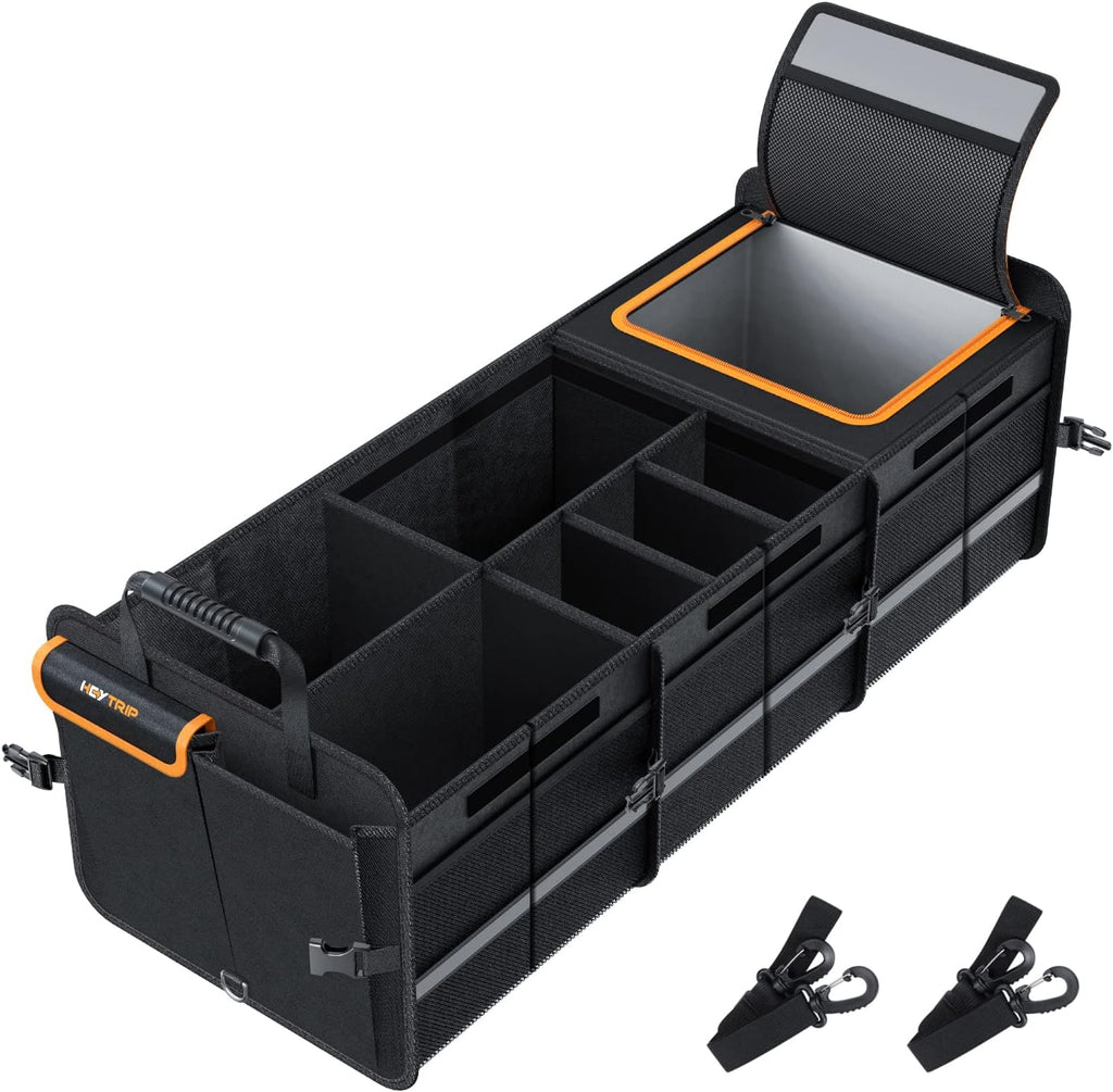 HEYTRIP Organizador grande de maletero con bolsa térmica integrada a prueba de fugas, 2 correas de sujeción, 4 divisores extraíbles, funda plegable, construido con tablero de PE de 2 mm