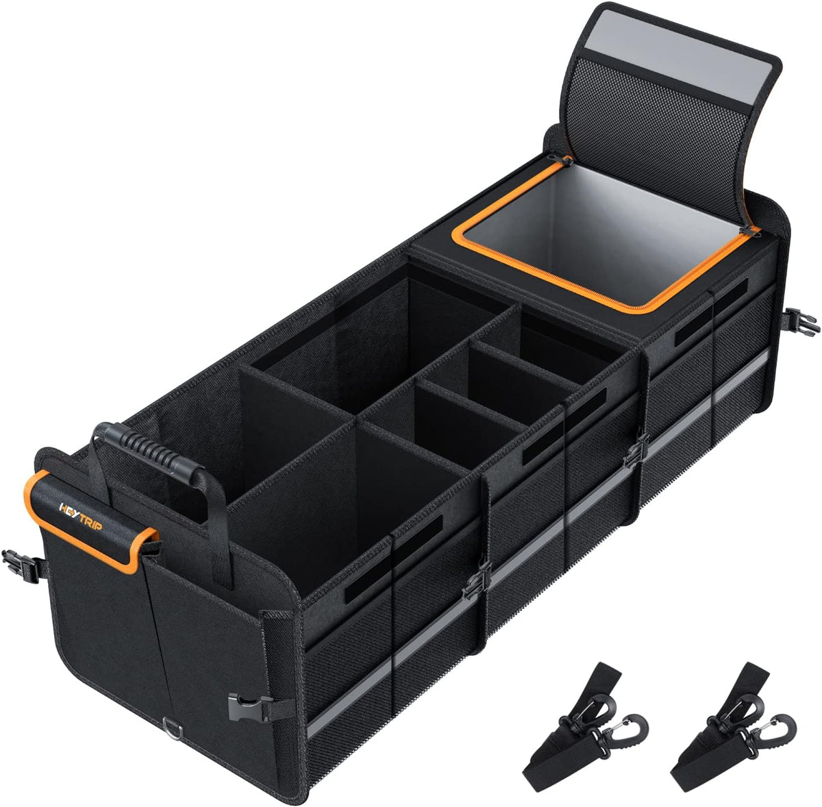 HEYTRIP Organizador grande de maletero con bolsa térmica integrada a prueba de fugas, 2 correas de sujeción, 4 divisores extraíbles, funda plegable, construido con tablero de PE de 2 mm