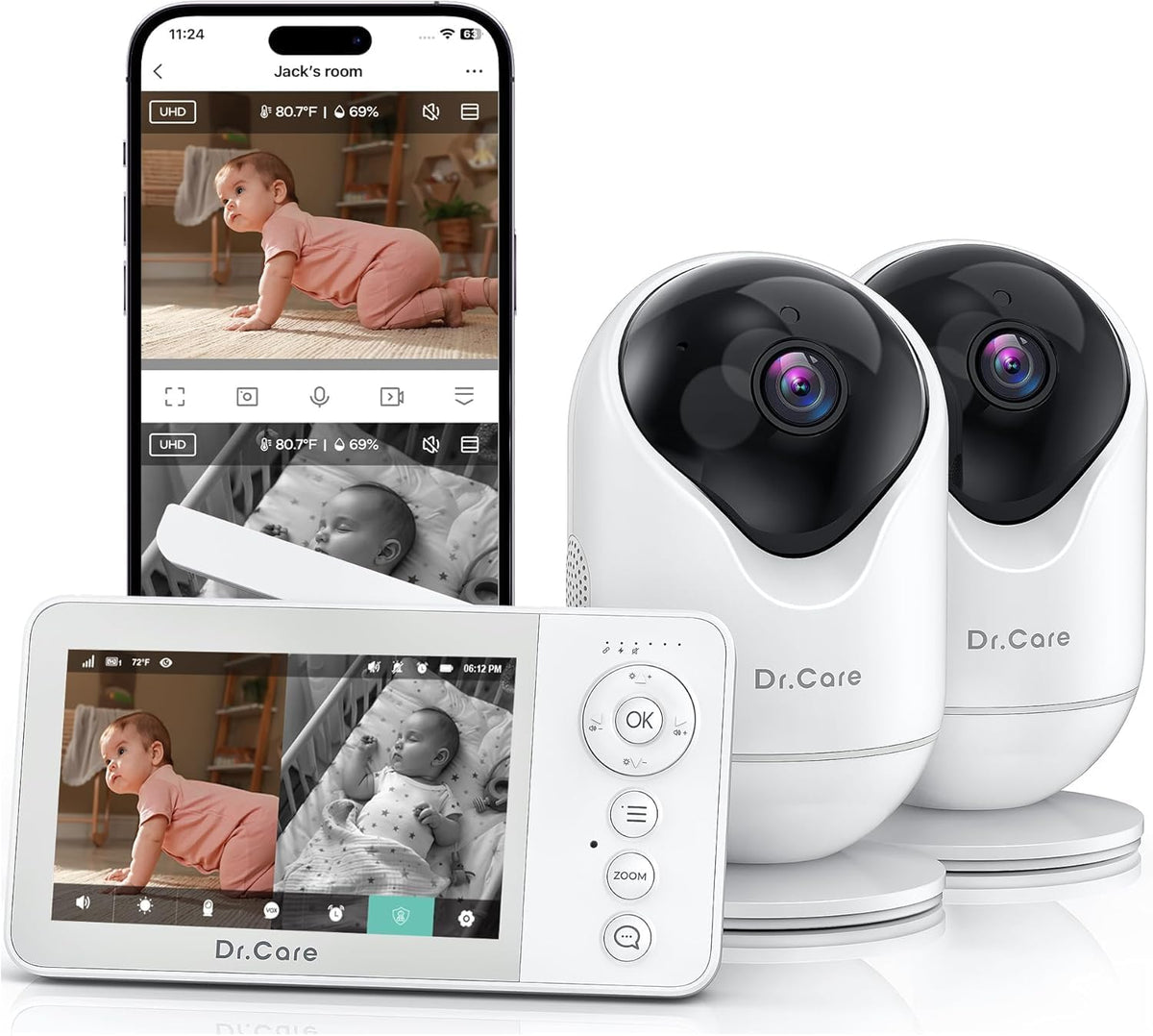 Dr.Care VistaView Lite RB Monitor de Niños Smart WiFi con 2 Cámaras, 4” 720P