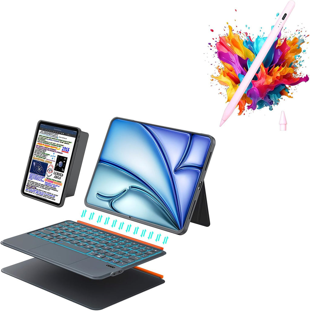 Funda con teclado para iPad Air de 11 pulgadas (M3 M2 2025 2024) con lápiz óptico para iPad, Pro 11, iPad A16 11/10ª, teclado retroiluminado desmontable, trackpad, soporte ajustable para Air 5ª/4ª