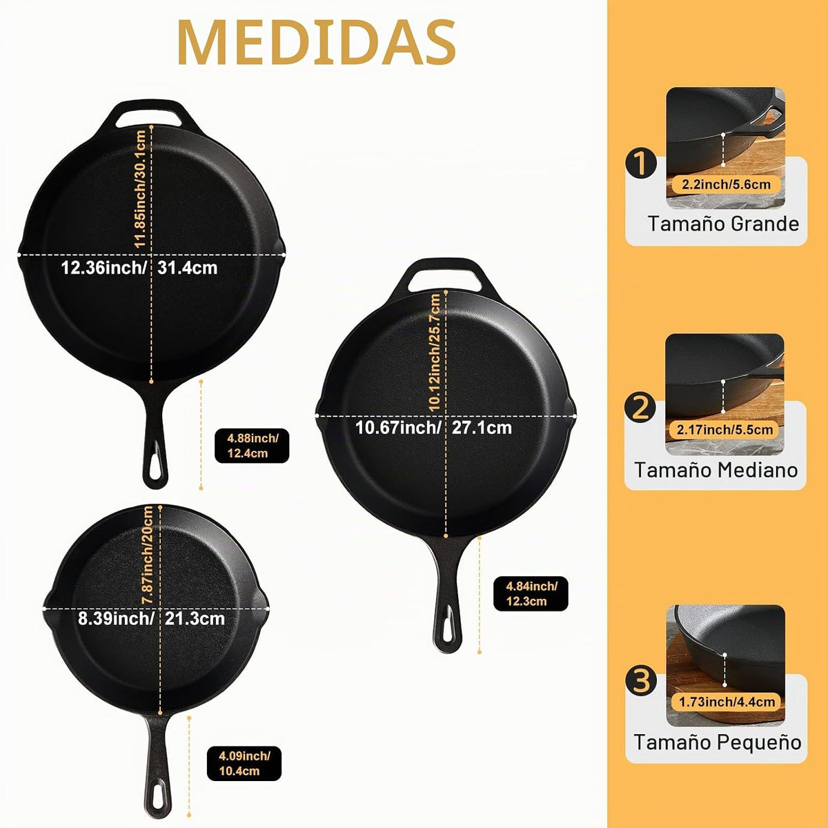EWFEN Juego de 3 sartenes de hierro fundido, sartenes pre-sazonadas de 8, 10 y 12 pulgadas, utensilios de cocina profesionales de alta resistencia con boquilla de goteo, uso en interiores y exteriores