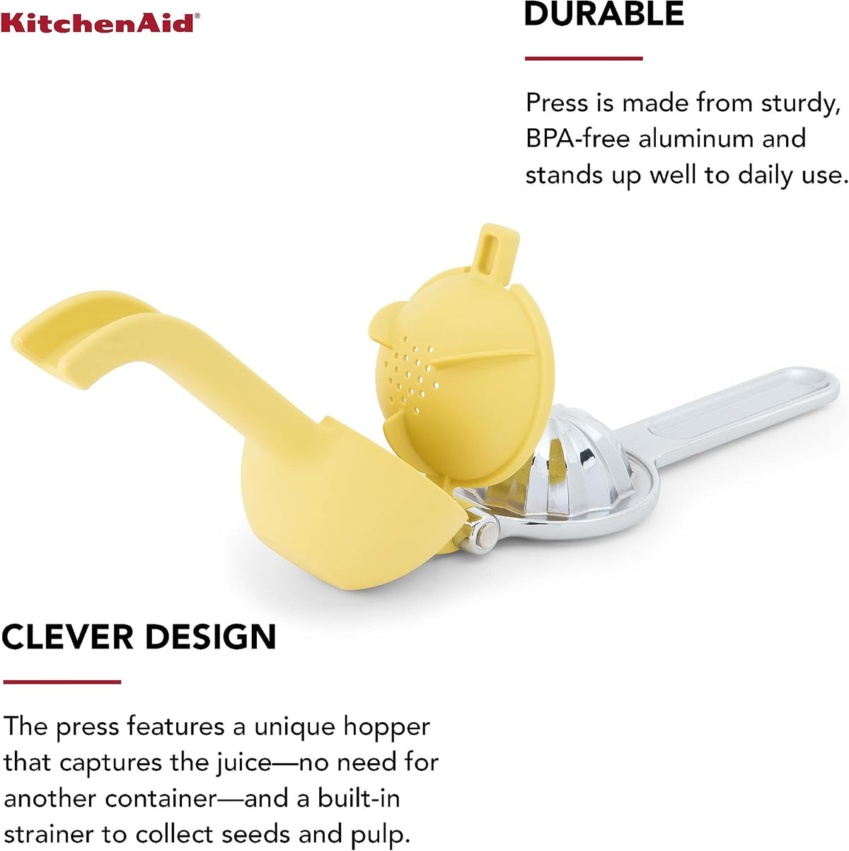KitchenAid Prensa exprimidor de jugo cítrico para limones y limas con recolector de semillas y pico de vertido, limón, 8 pulgadas