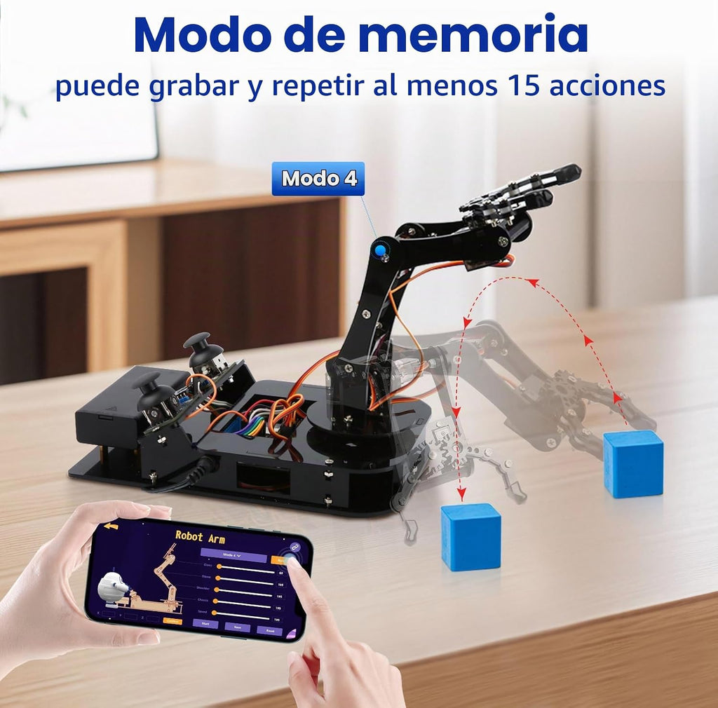 4DOF Kit de brazo robótico para niños compatible con Arduino IDE, programación ESP32 Kit de construcción de brazo robot inteligente STEM juguete educativo de escritorio con joystick y control de