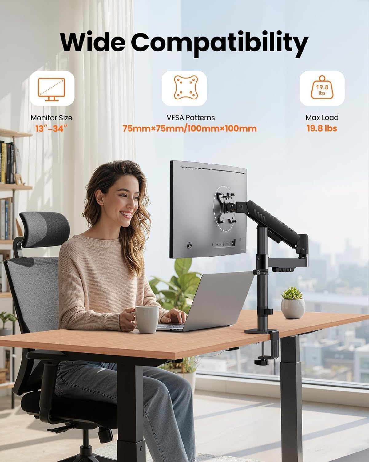 ErGear Brazo para Monitor Individual, Montura de Escritorio Ajustable para Monitores de Juegos de 13-34", Hasta 8.98 kg, Estabilidad Mejorada con Abrazadera C Integrada, Gestión de Cables Mejorada