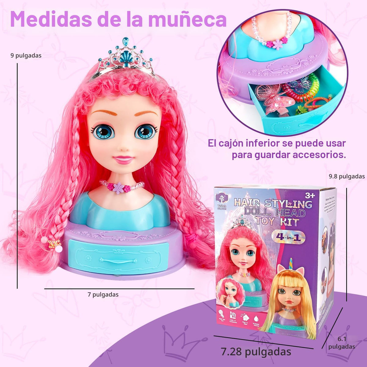 Cabeza de muñeca 4 en 1 para peinar el cabello para niños, 9 pulgadas, 41 piezas, juguetes de peluquería, kit de maquillaje, accesorios de princesa, juguetes de simulación, regalos de