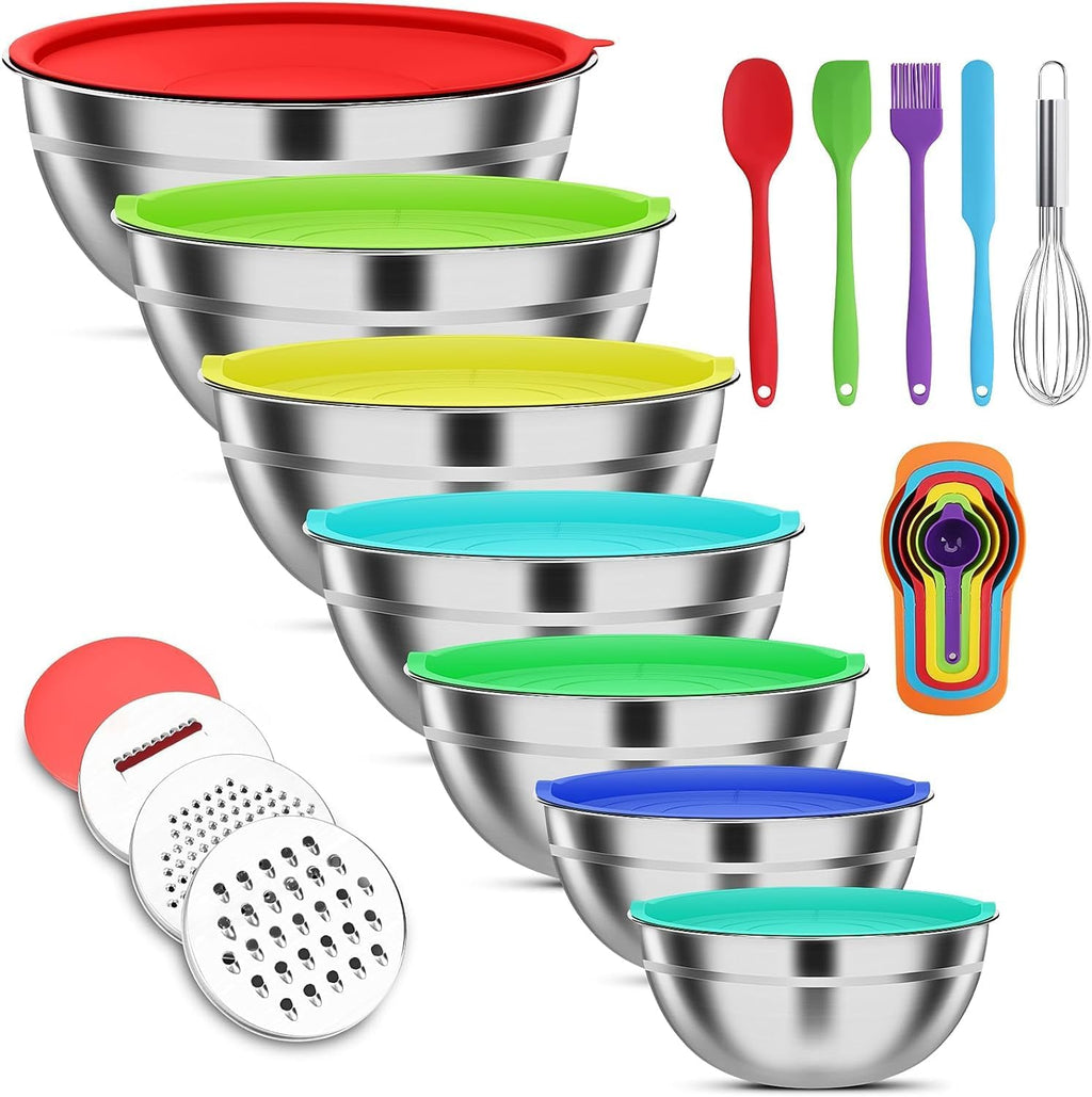Juego de cuencos de acero inoxidable con tapas y 3 accesorios para rallar