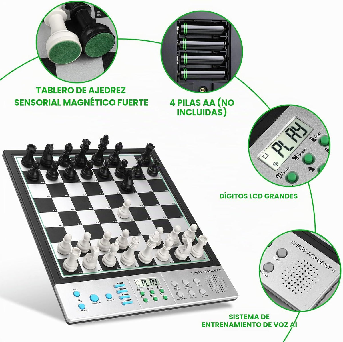 LC2B - Juego de ajedrez electrónico avanzado con motor ELO 2200+ y tutor de IA parlante, tablero de ajedrez electrónico de tamaño cómodo perfecto para amantes del ajedrez, juego de ajedrez inteligente para computadora con imán fuerte (plateado)