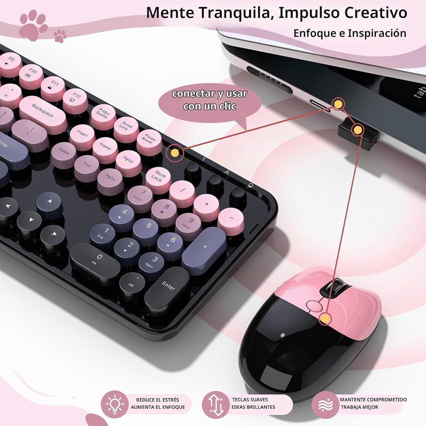 Teclado y mouse inalámbricos, MOFII con teclas redondas retro de 10...