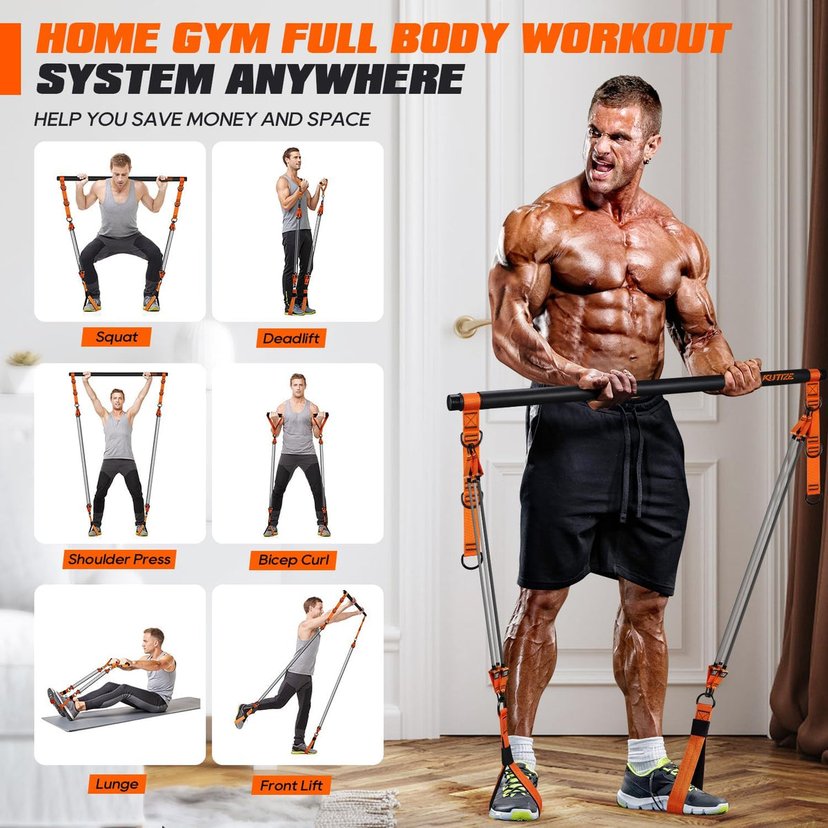 Kit de barra de pilates KUTIZE con bandas de resistencia, equipo de pilates de alta resistencia para hombres, bandas de entrenamiento con asas para piernas, cadera, espalda, brazo, abdominales, pecho
