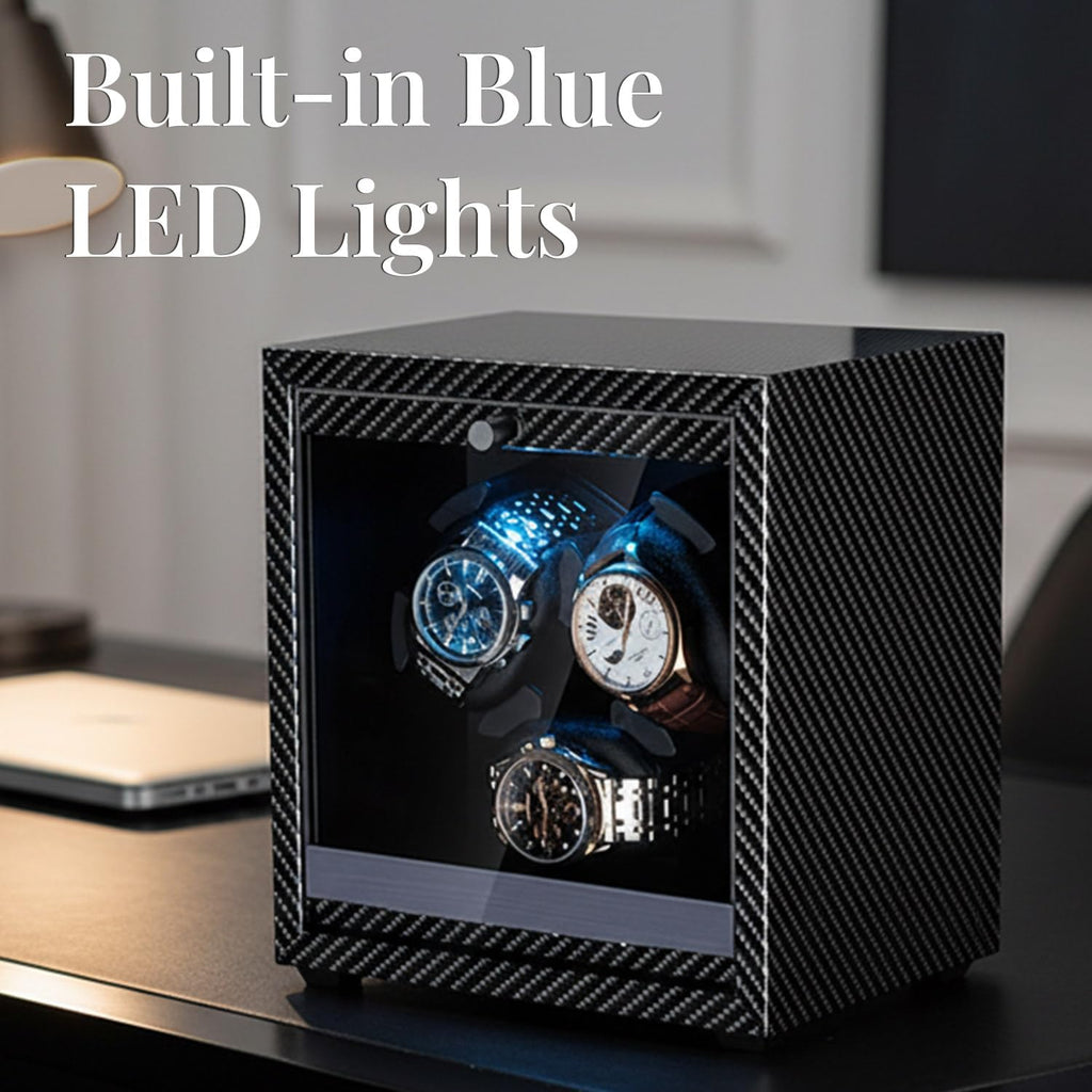 Mcbazel Enrollador de reloj para relojes automáticos, 4 modos de rotación con motor súper silencioso, luz LED azul, almohadas de espuma viscoelástica, regalo para hombres y mujeres [negro]