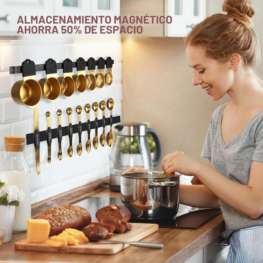 Juego de tazas y cucharas medidoras de acero inoxidable de 16 piezas, fuerte diseño de anidación magnética, 7 tazas, 8 cucharas con nivelador, marcas de medición dobles para ingredientes secos y