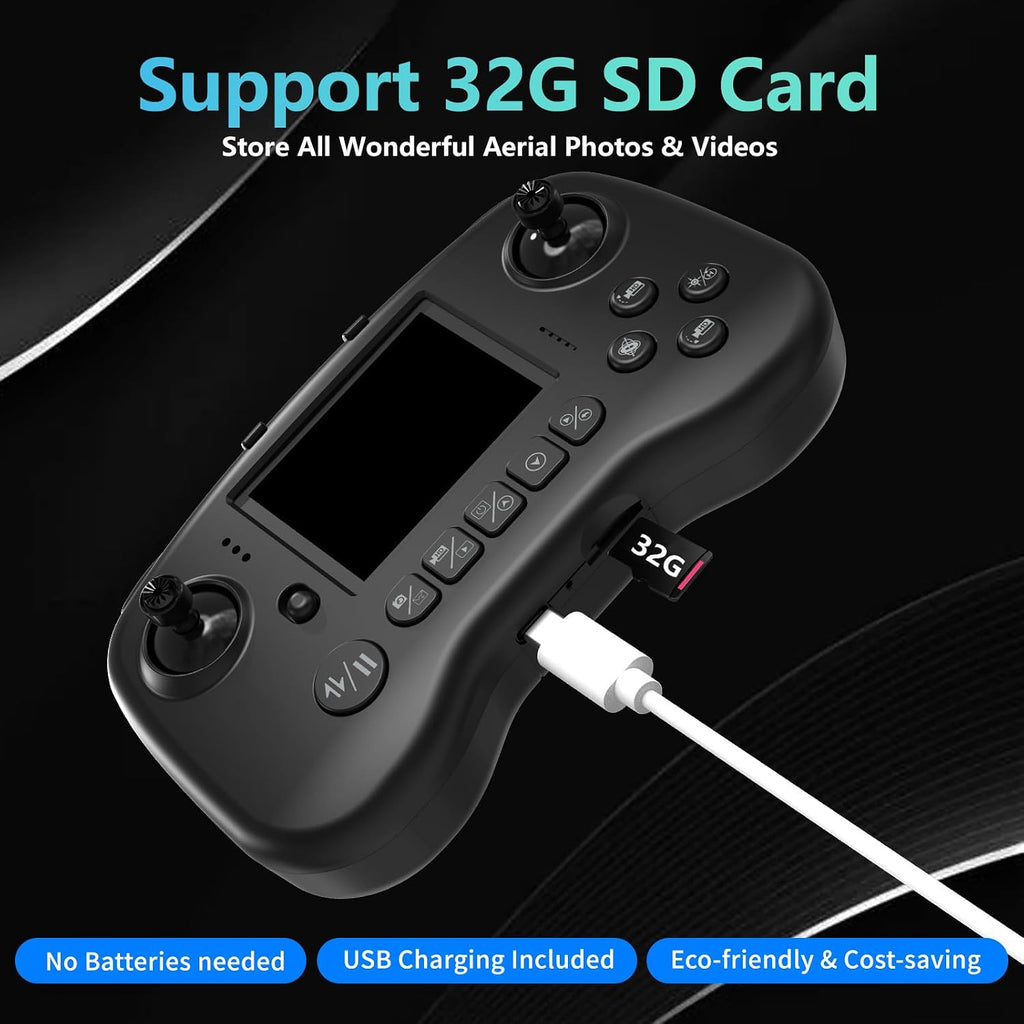 FPV Drone con cámara para adultos con pantalla LCD en RC, mini drones para principiantes, cuadricóptero plegable con motor sin escobillas para evitar obstáculos, compatible con tarjeta SD de 32 G de