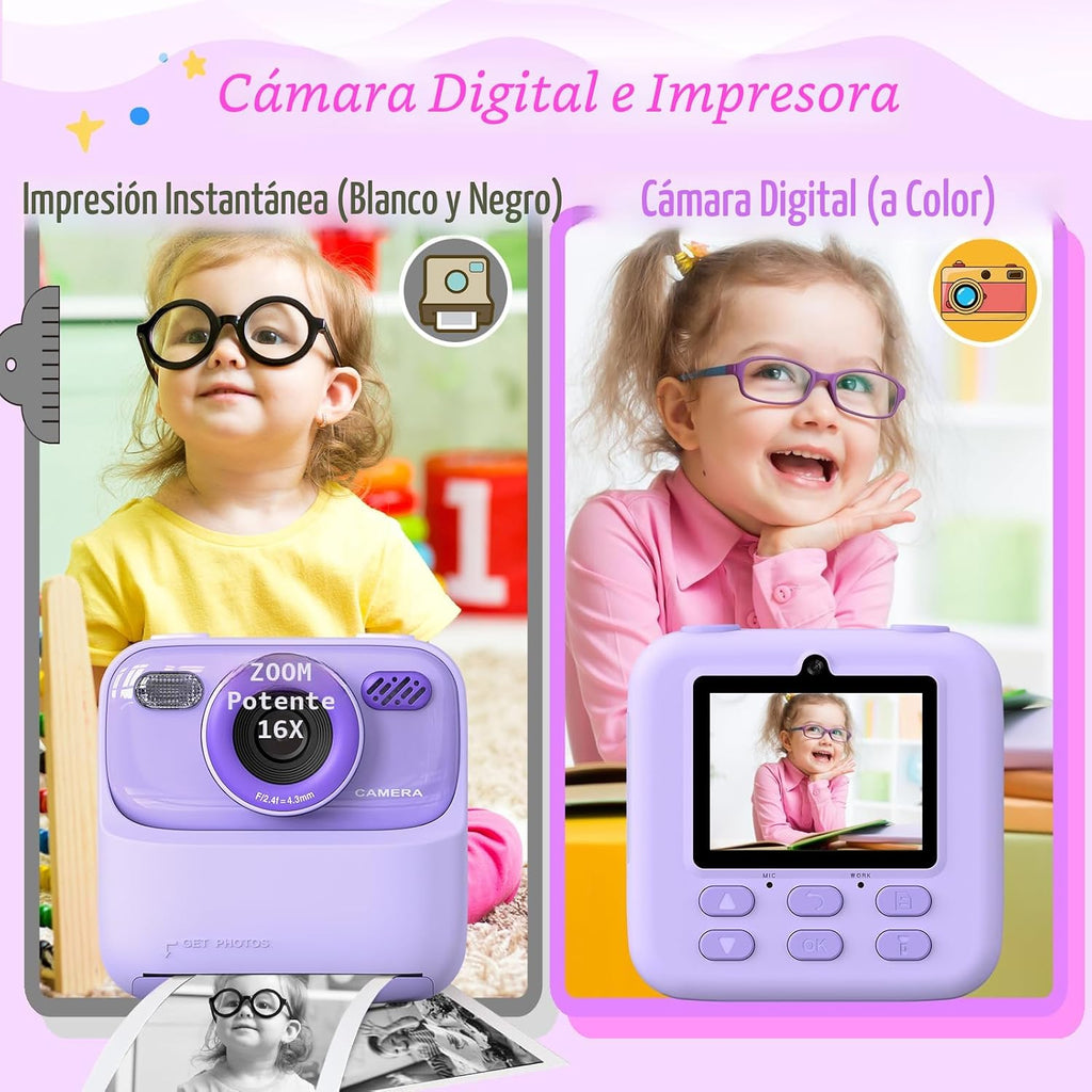Cámaras digitales instantáneas para niños y niñas, cámara digital selfie HD de doble lente 1080P con papel de impresión y tarjeta TF, regalos de cumpleaños de Navidad, juguetes para niños pequeños y