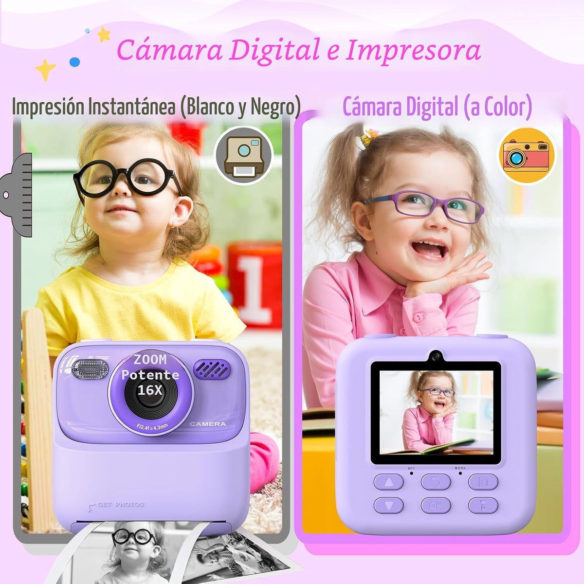 Cámaras digitales instantáneas para niños y niñas, cámara digital selfie HD de doble lente 1080P con papel de impresión y tarjeta TF, regalos de cumpleaños de Navidad, juguetes para niños pequeños y