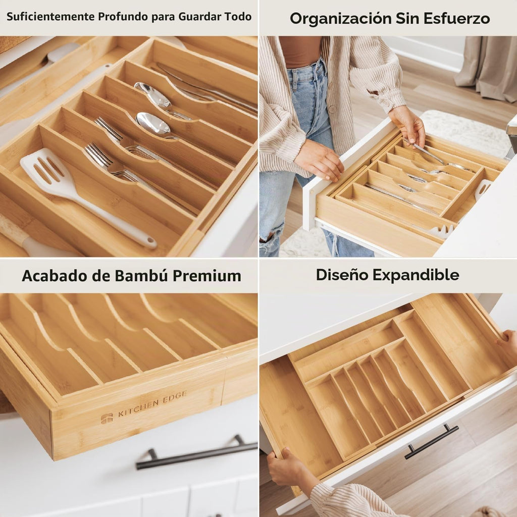 Organizador de cajones de cubiertos y utensilios, 18.5-33 pulgadas, bambú