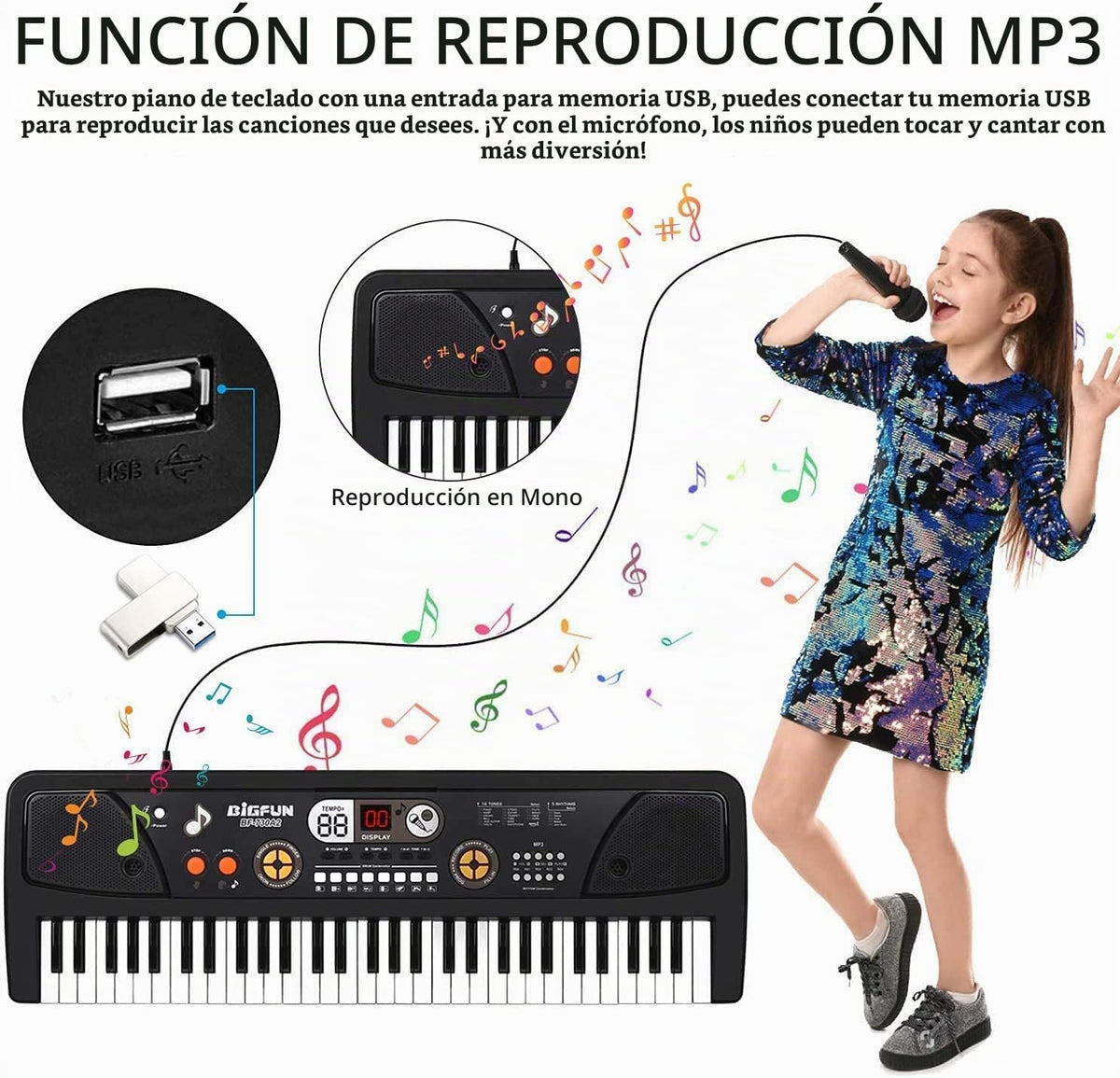 Piano de teclado para niños de 61 teclas con pantalla LED y micrófono