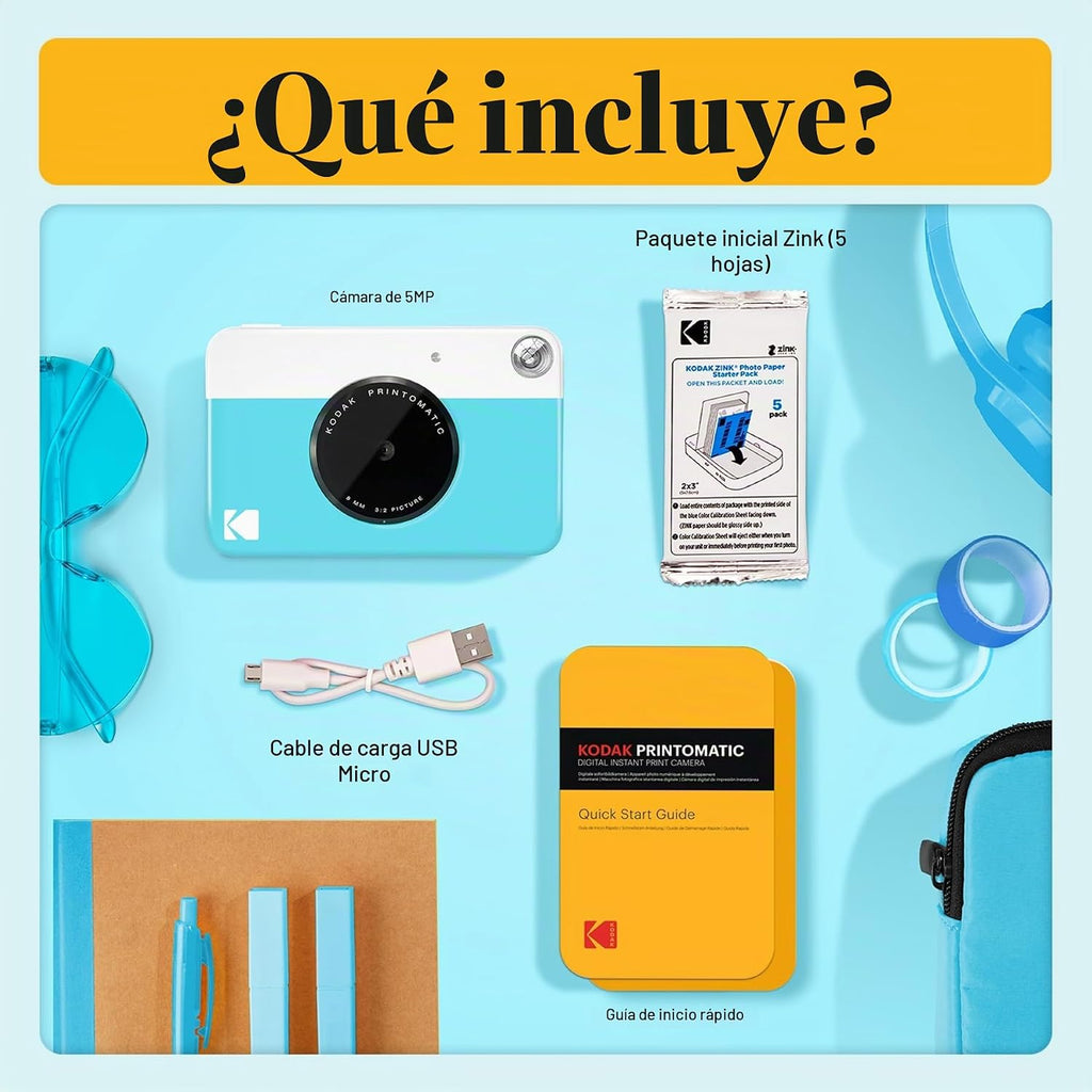 KODAK Printomatic - Cámara digital de impresión instantánea a todo color, Zink de 2 x 3 pulgadas (5.1x7.5 cm), papel fotográfico con parte trasera adhesiva, 5 MP, portátil