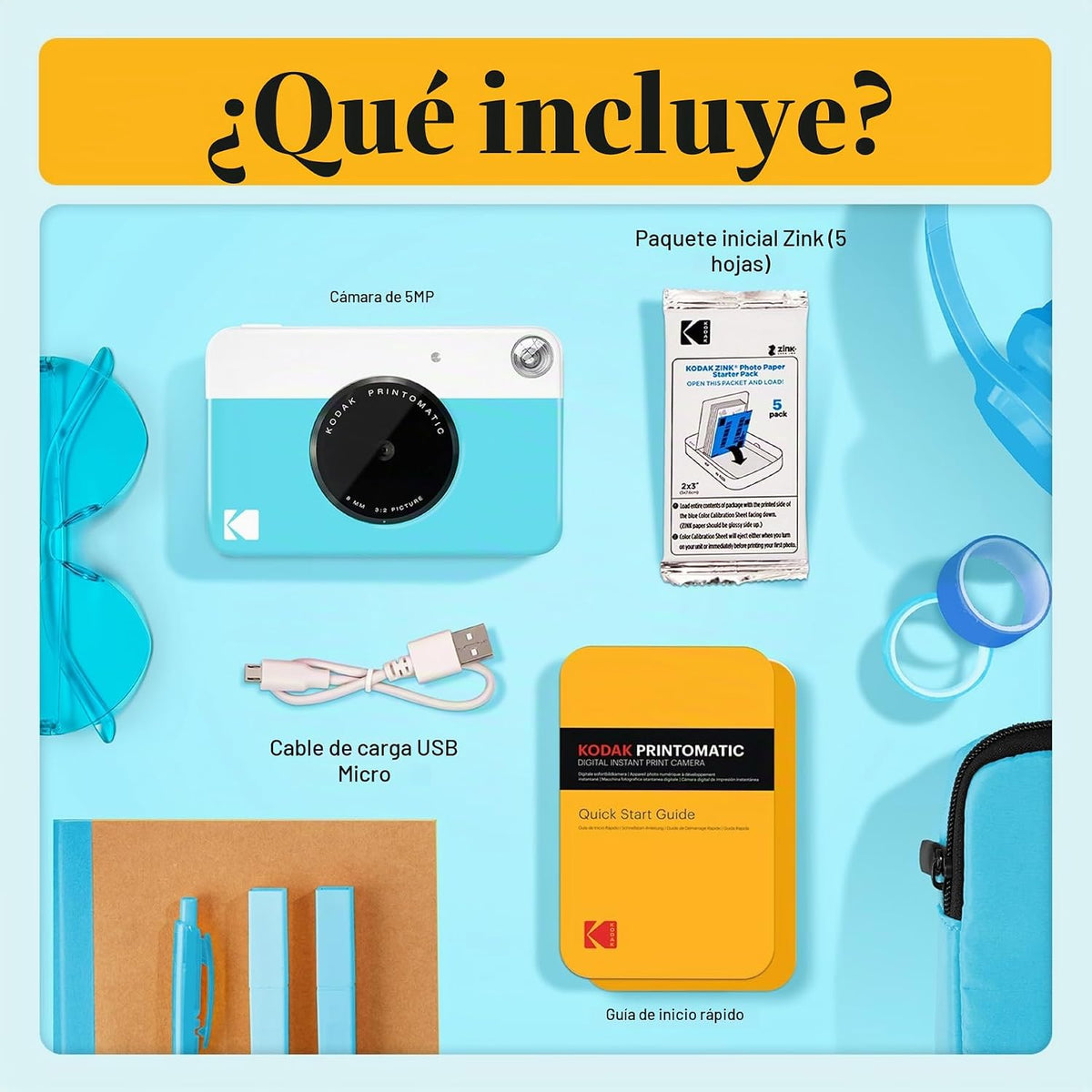KODAK Printomatic - Cámara digital de impresión instantánea a todo color, Zink de 2 x 3 pulgadas (5.1x7.5 cm), papel fotográfico con parte trasera adhesiva, 5 MP, portátil