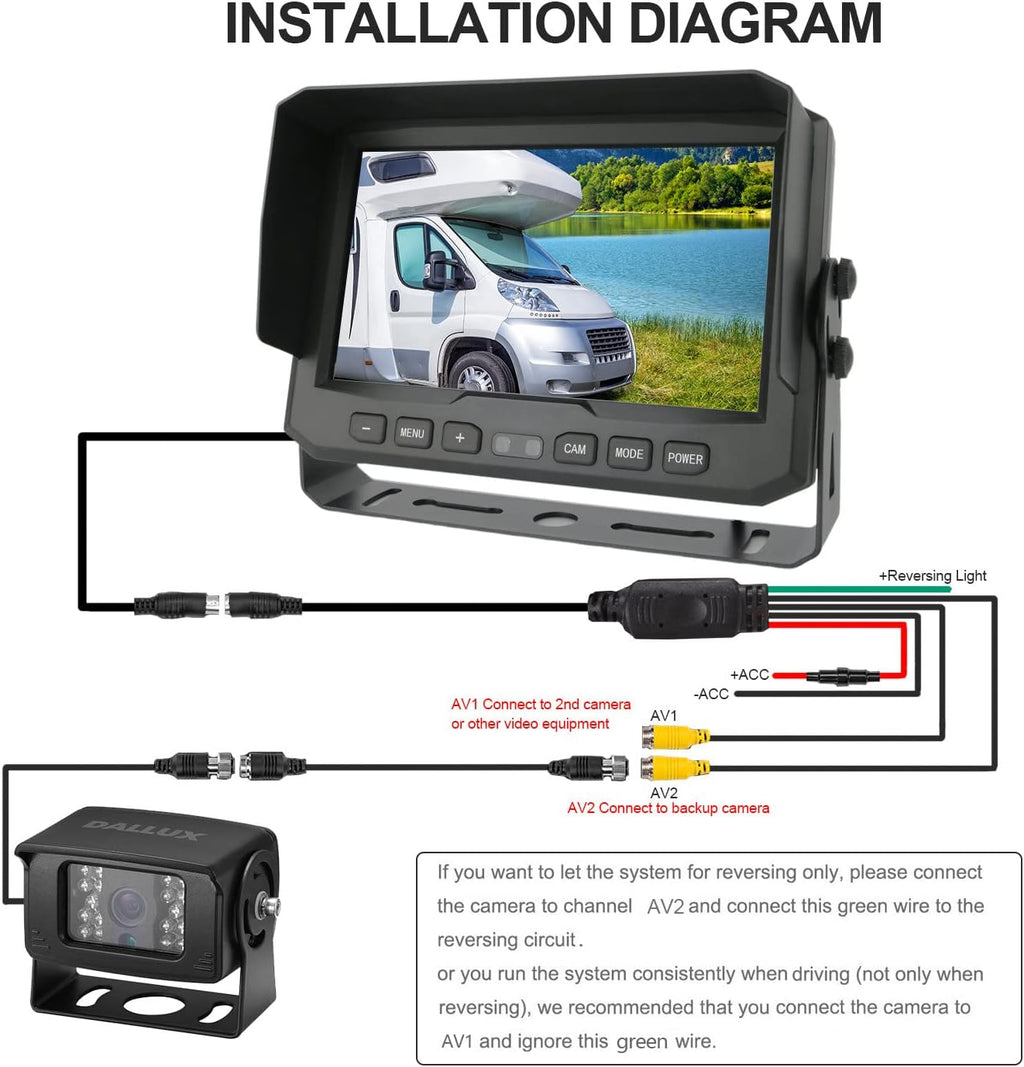 Sistema de cámara de respaldo para vehículo pesado DALLUX, cámara de visión trasera impermeable de visión nocturna con monitor de 7 pulgadas + cable de cámara de 4 pines de 66 pies para autobús