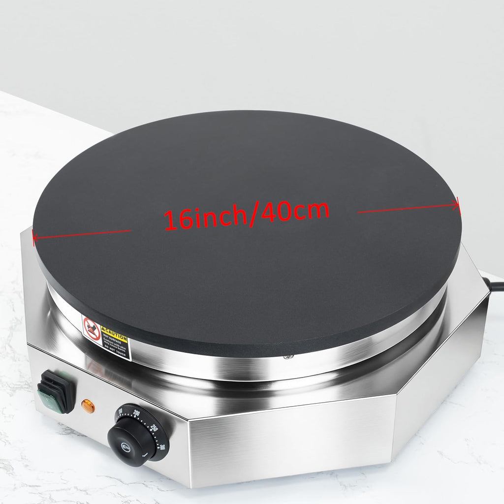 Máquina comercial de crepas de 3000 W, plancha eléctrica antiadherente de 16 pulgadas con temperatura ajustable de 32.0-572.0 °F, máquina de panqueques y Jianbing de acero inoxidable con esparcidor de