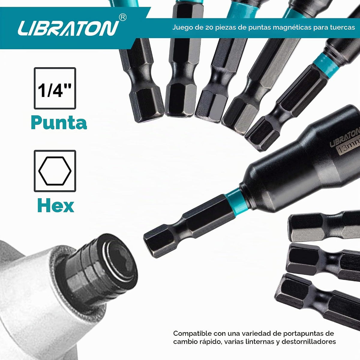 LIBRATON Juego de 20 Piezas de Destornilladores de Tuerca Magnéticos, Juego de Puntas para Taladro de Percusión 1/4"