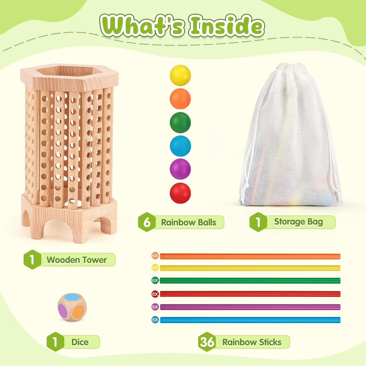 Montessori Juego de mesa de madera, juego de dados de 36 palos de madera coloridos
