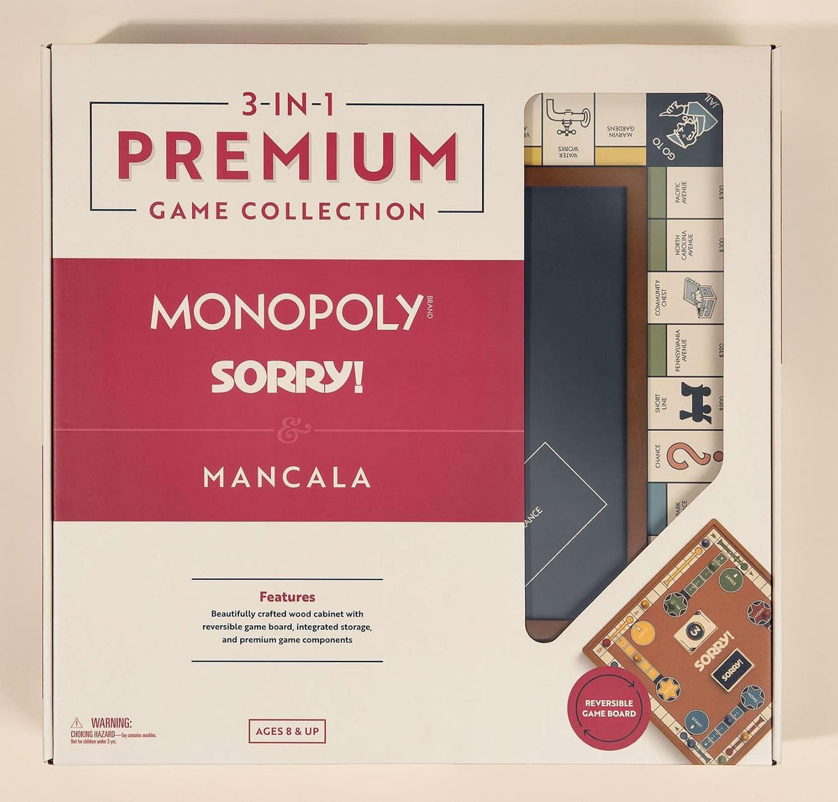 WS Game Company Monopoly, Sorry! y Mancala Premium 3 en 1 Juego de mesa