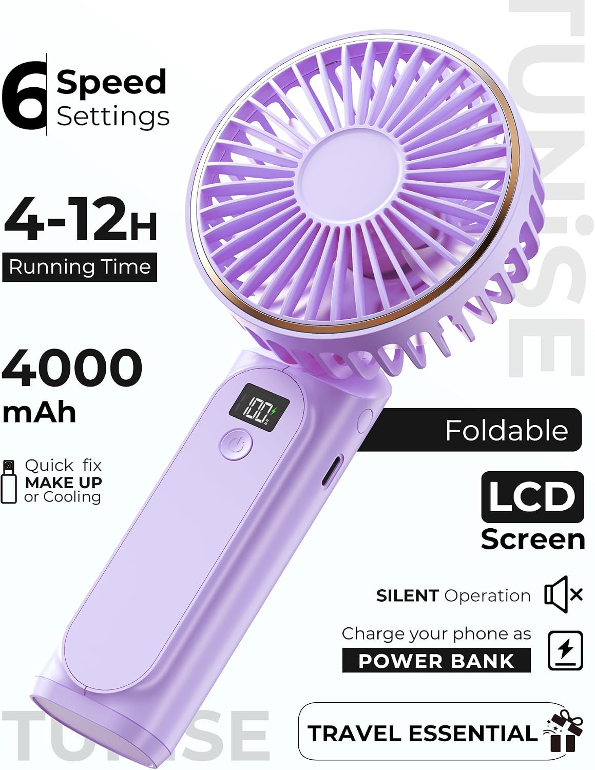 TUNISE Ventilador portátil de mano, 4000mAh, 180 ajustable, 6 veloc...