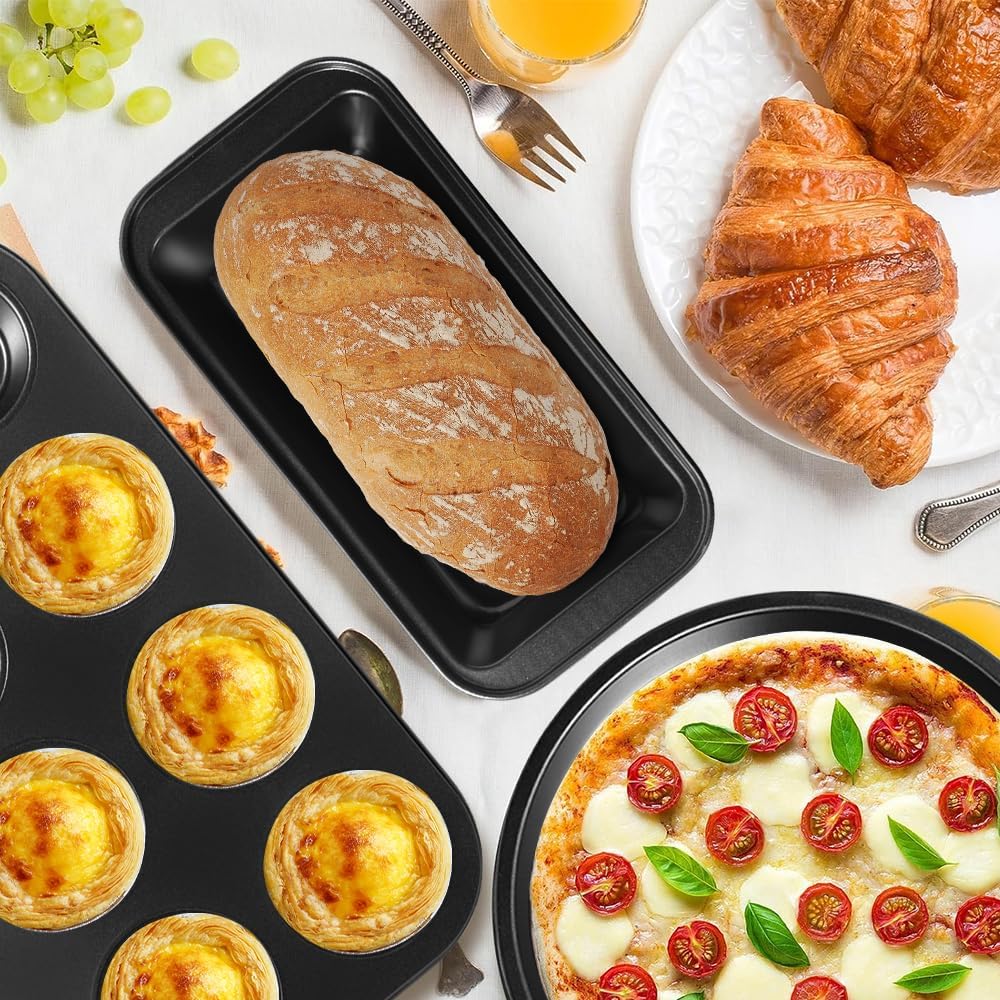 Set de 11 piezas de bandejas para hornear antiadherentes - Bakeware de acero al carbono de grado profesional con recubrimiento premium - apto para lavavajillas, apilable, apto para horno hasta 450°F (negro)